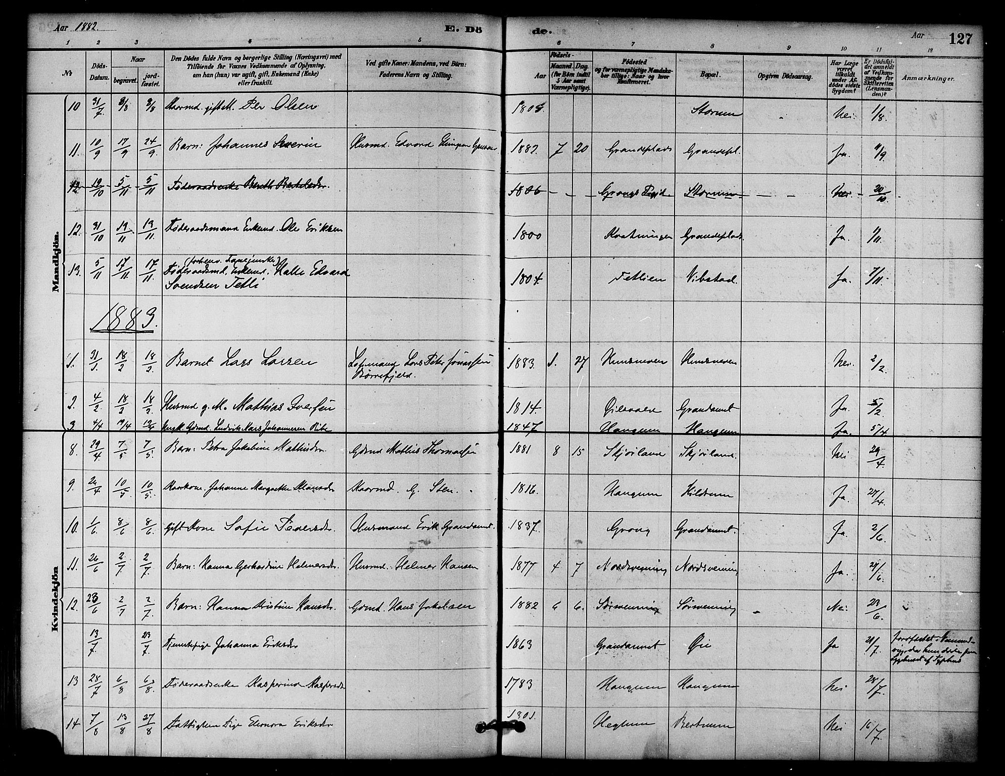 Ministerialprotokoller, klokkerbøker og fødselsregistre - Nord-Trøndelag, AV/SAT-A-1458/764/L0555: Ministerialbok nr. 764A10, 1881-1896, s. 127