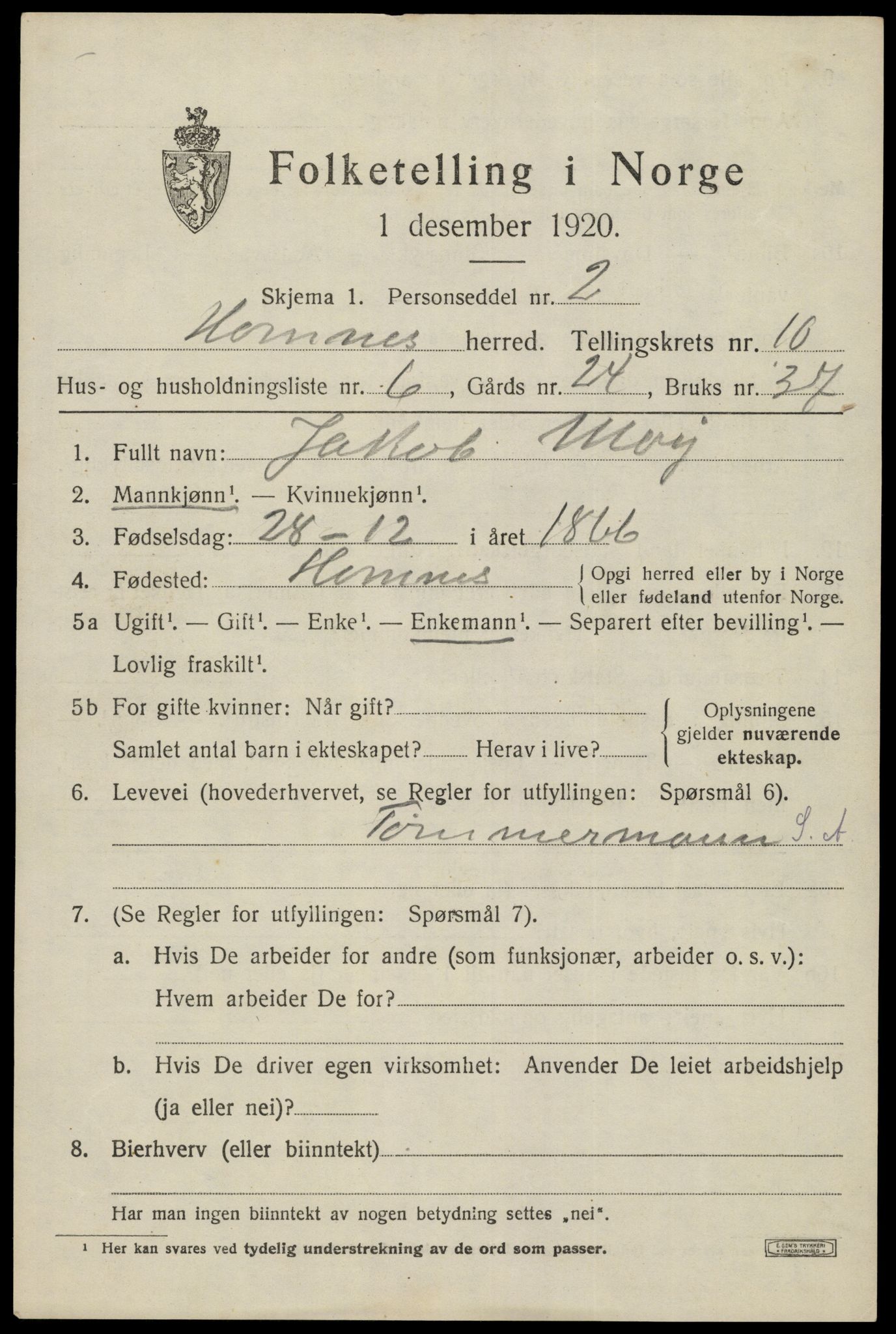 SAK, Folketelling 1920 for 0936 Hornnes herred, 1920, s. 2551
