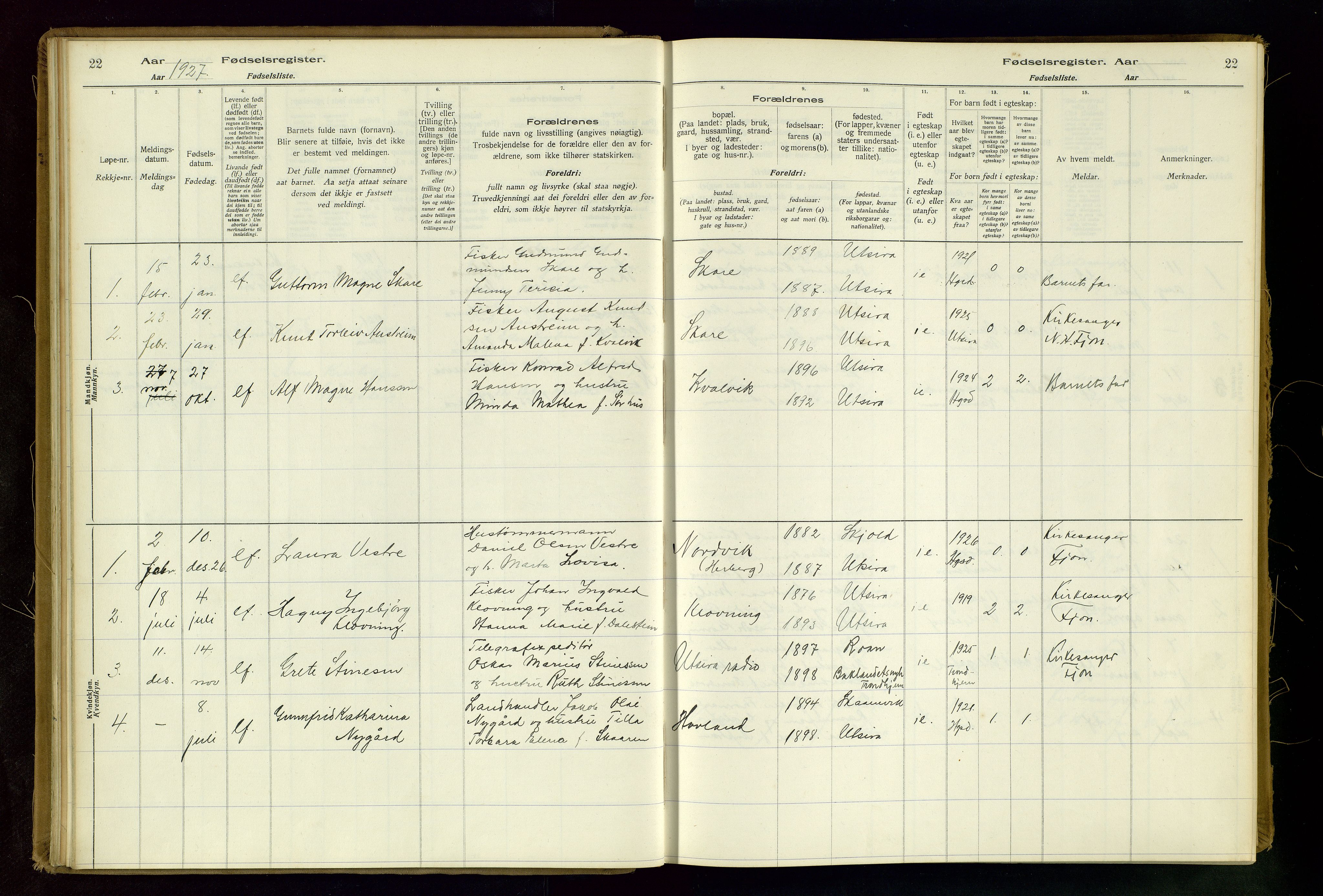 Torvastad sokneprestkontor, AV/SAST-A -101857/I/Id/L0001: Fødselsregister nr. 1, 1916-1982, s. 22