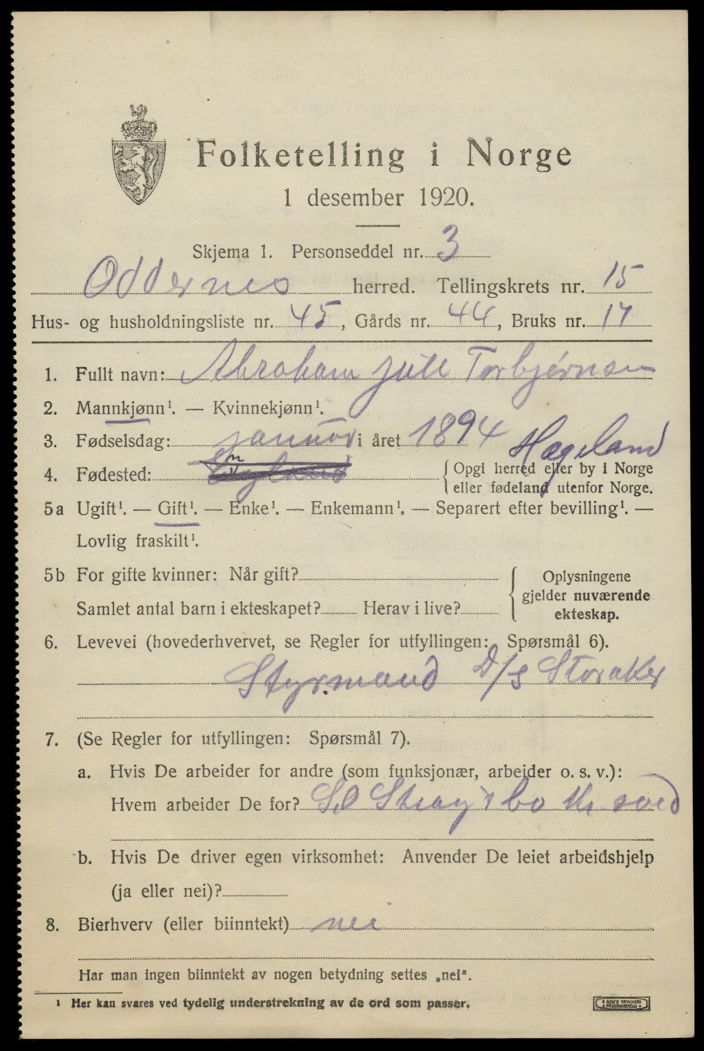 SAK, Folketelling 1920 for 1012 Oddernes herred, 1920, s. 10537