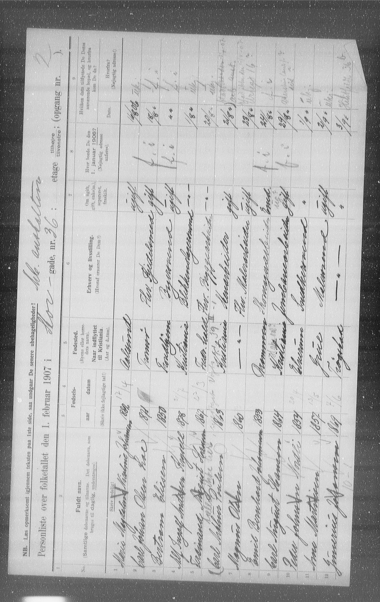 OBA, Kommunal folketelling 1.2.1907 for Kristiania kjøpstad, 1907, s. 52561