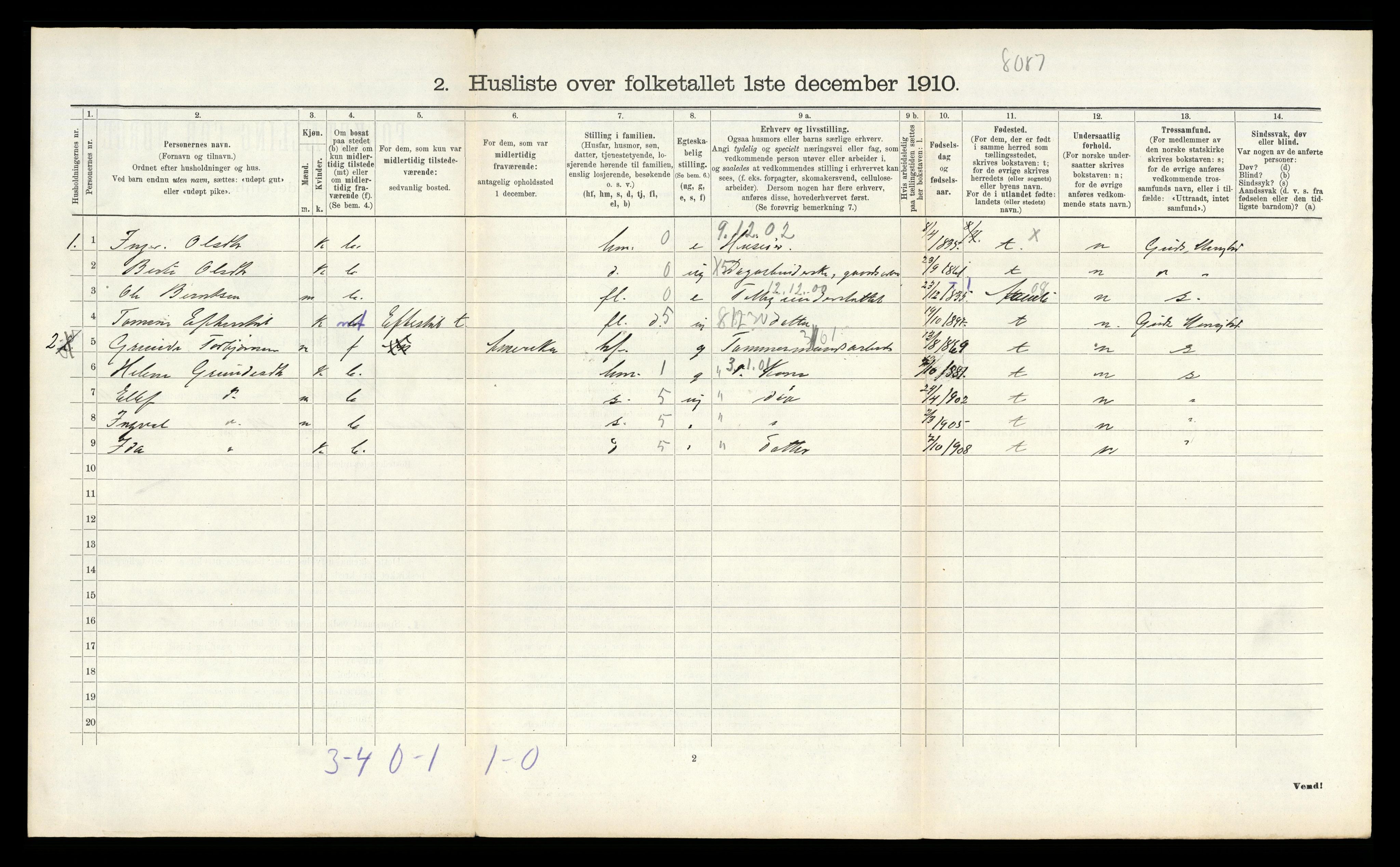 RA, Folketelling 1910 for 0912 Vegårshei herred, 1910, s. 539