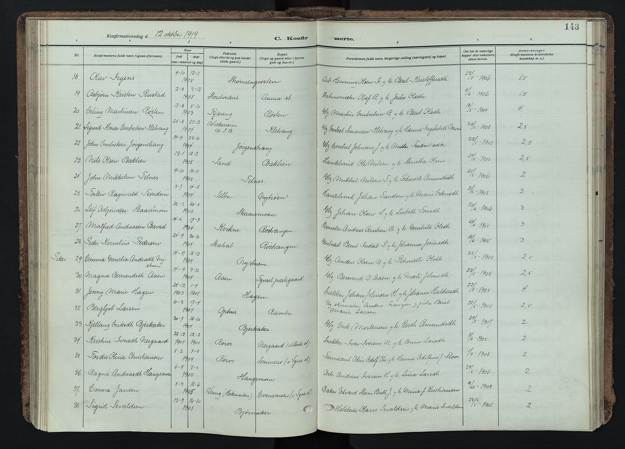 Tynset prestekontor, AV/SAH-PREST-058/H/Ha/Haa/L0026: Ministerialbok nr. 26, 1915-1929, s. 143