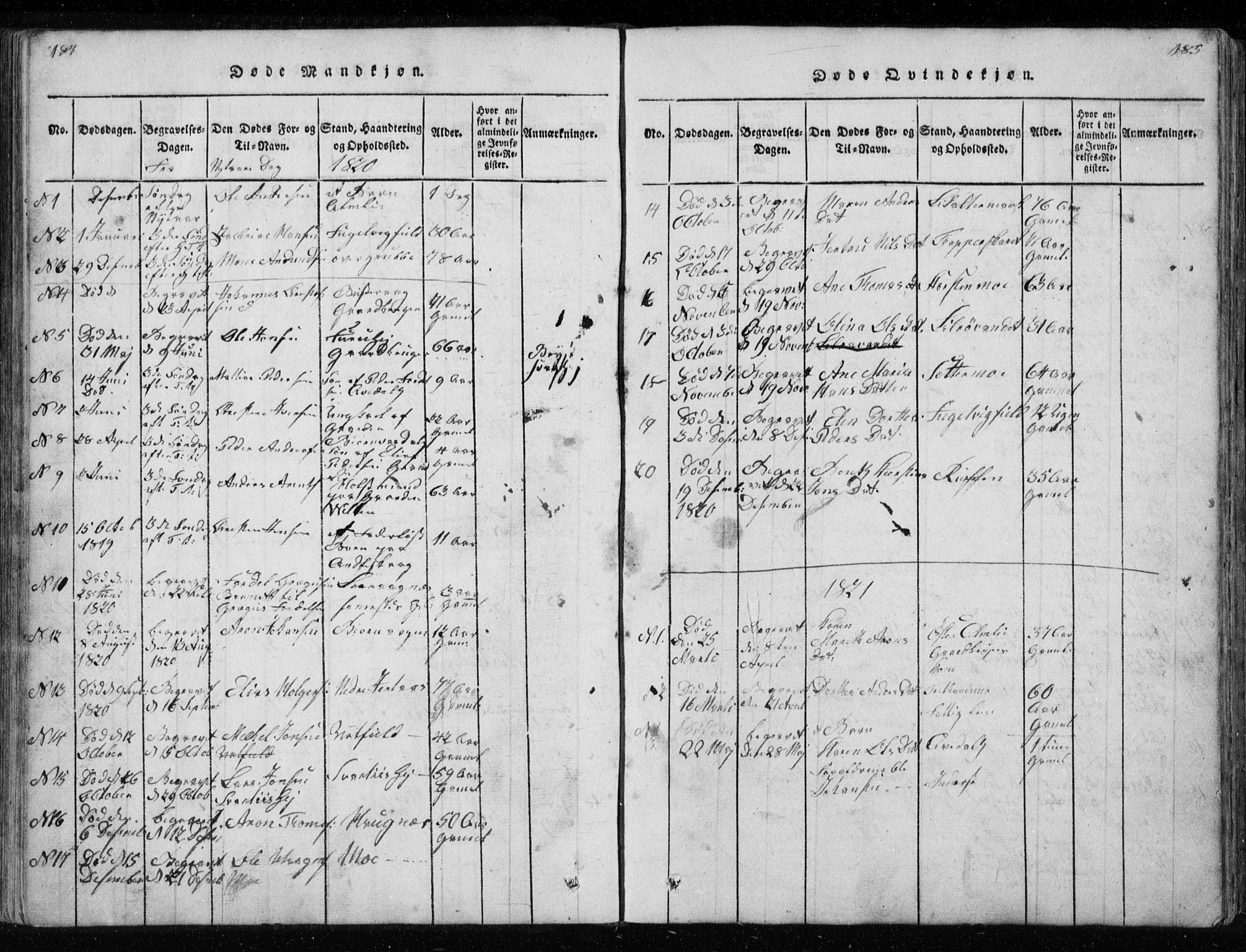 Ministerialprotokoller, klokkerbøker og fødselsregistre - Nordland, SAT/A-1459/827/L0412: Klokkerbok nr. 827C01, 1820-1841, s. 184-185