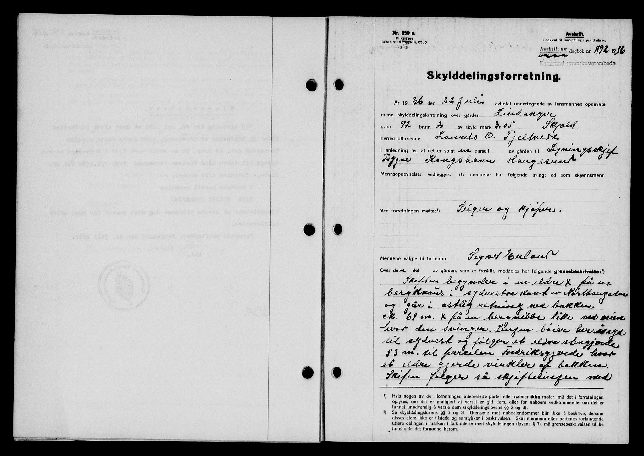 Karmsund sorenskriveri, SAST/A-100311/01/II/IIB/L0066: Pantebok nr. 47A, 1936-1936, Dagboknr: 1192/1936