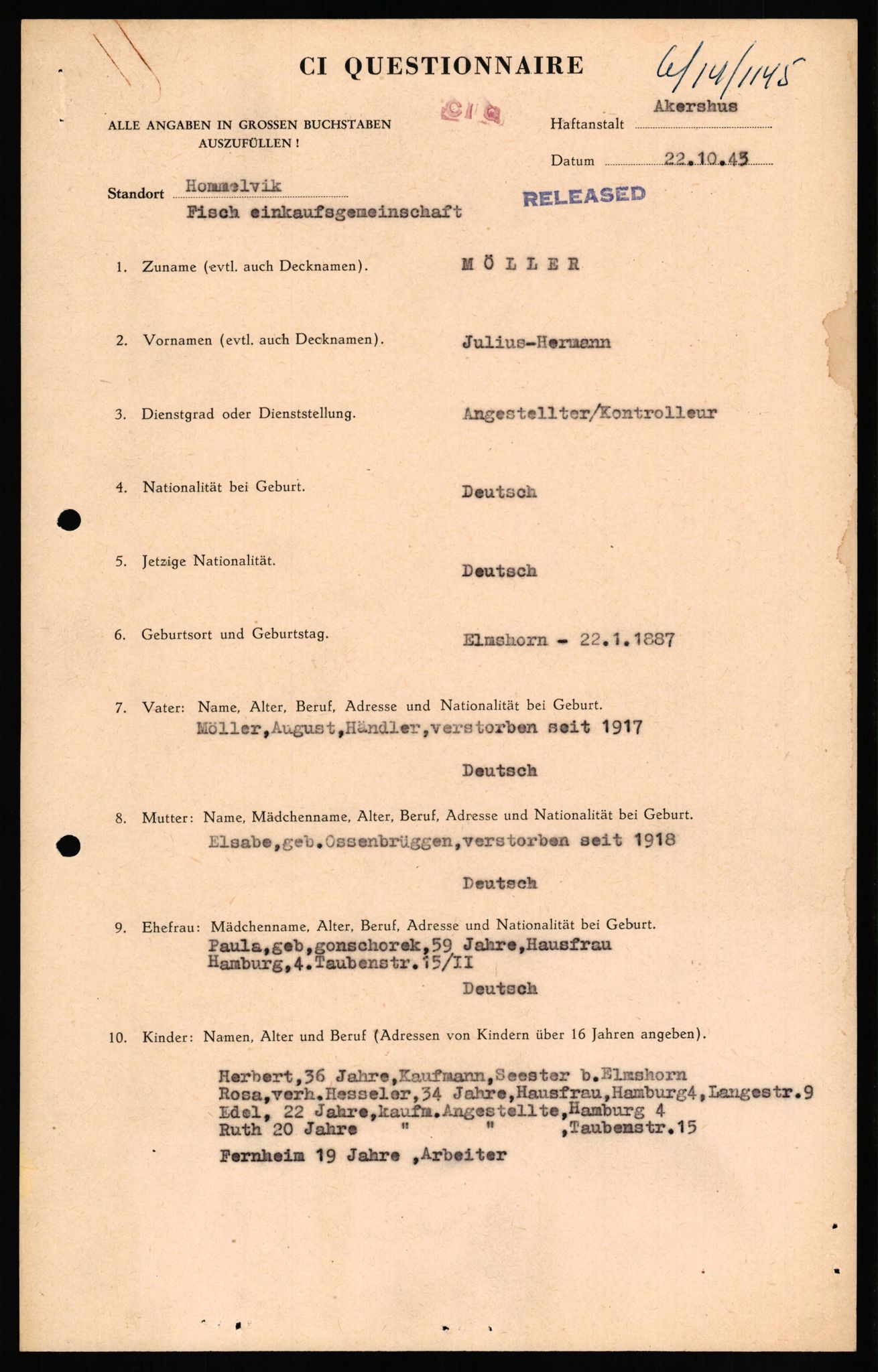 Forsvaret, Forsvarets overkommando II, RA/RAFA-3915/D/Db/L0023: CI Questionaires. Tyske okkupasjonsstyrker i Norge. Tyskere., 1945-1946, s. 373