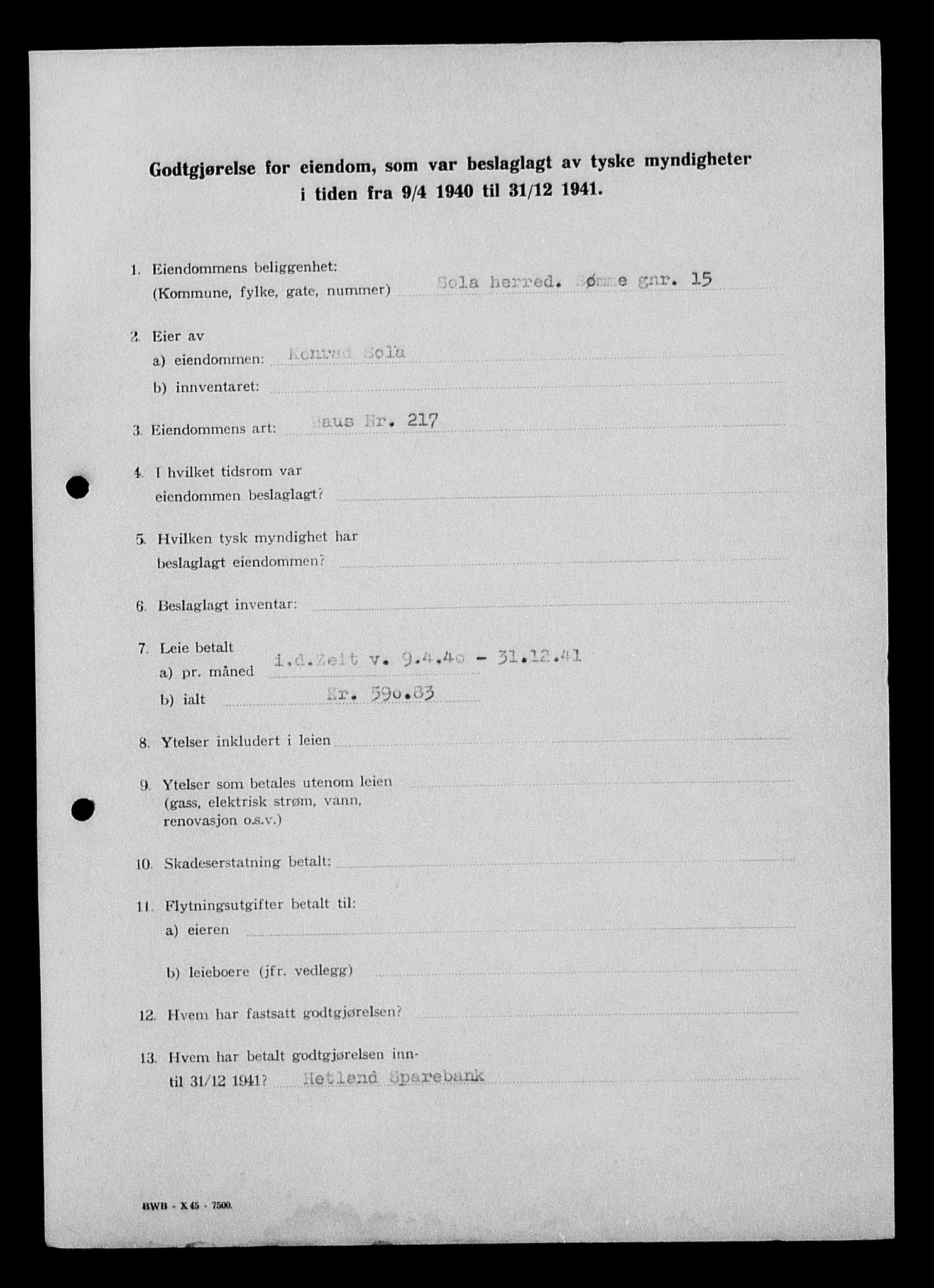 Justisdepartementet, Tilbakeføringskontoret for inndratte formuer, AV/RA-S-1564/I/L1015: Godtgjørelse for beslaglagt eiendom, 1940-1941, s. 243