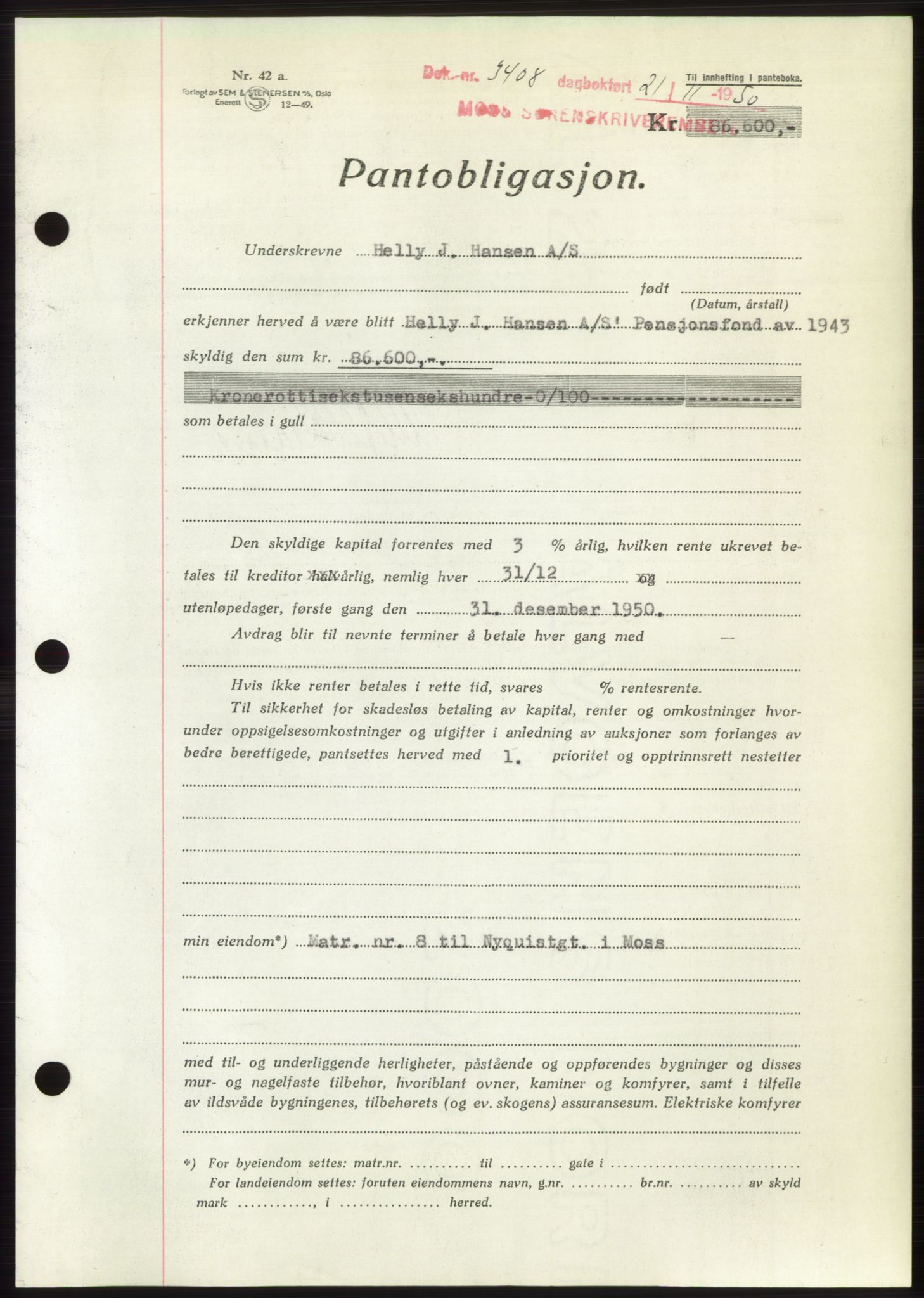 Moss sorenskriveri, SAO/A-10168: Pantebok nr. B25, 1950-1950, Dagboknr: 3408/1950