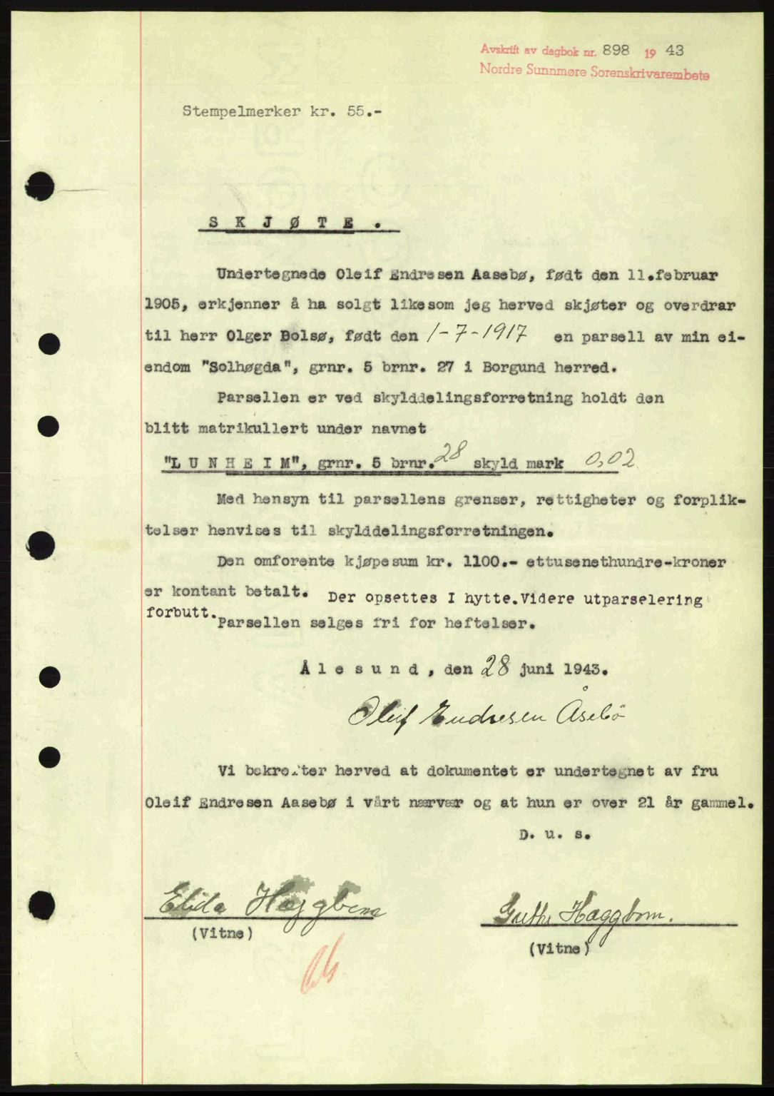 Nordre Sunnmøre sorenskriveri, SAT/A-0006/1/2/2C/2Ca: Pantebok nr. A16, 1943-1943, Dagboknr: 898/1943