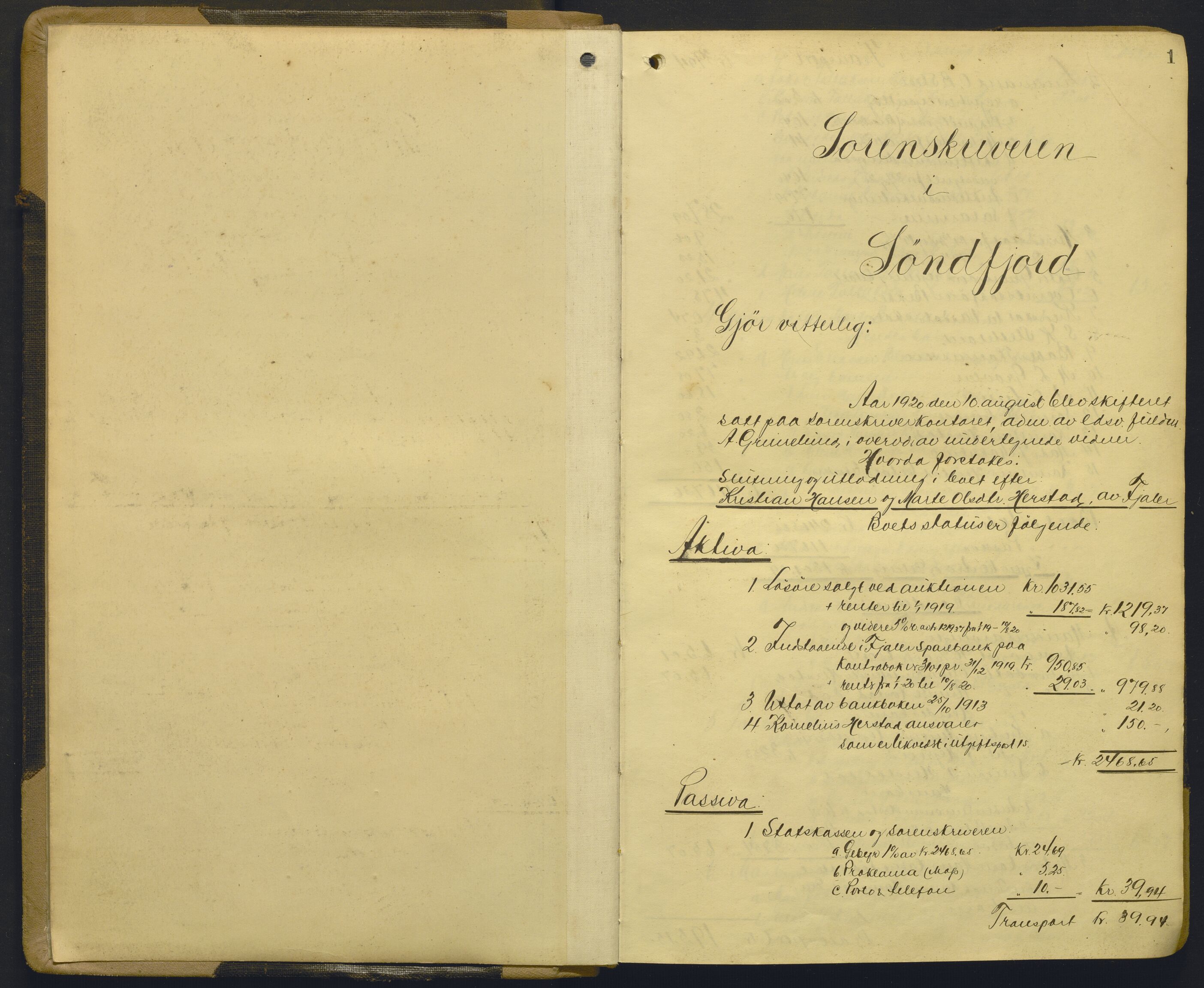Sunnfjord tingrett, AV/SAB-A-3201/1/H/Hd/L0012: Skifteutlodningsprotokoll, 1920-1924, s. 1a