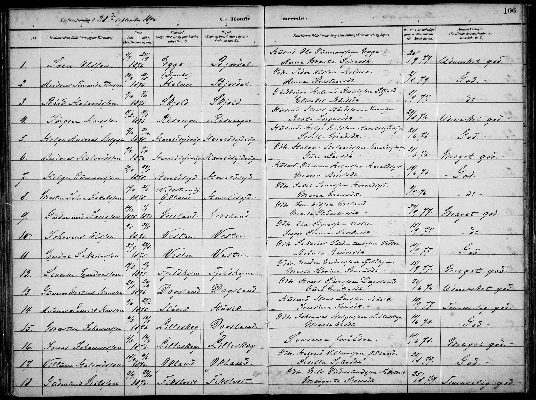 Skjold sokneprestkontor, AV/SAST-A-101847/H/Ha/Haa/L0010: Ministerialbok nr. A 10, 1882-1897, s. 106