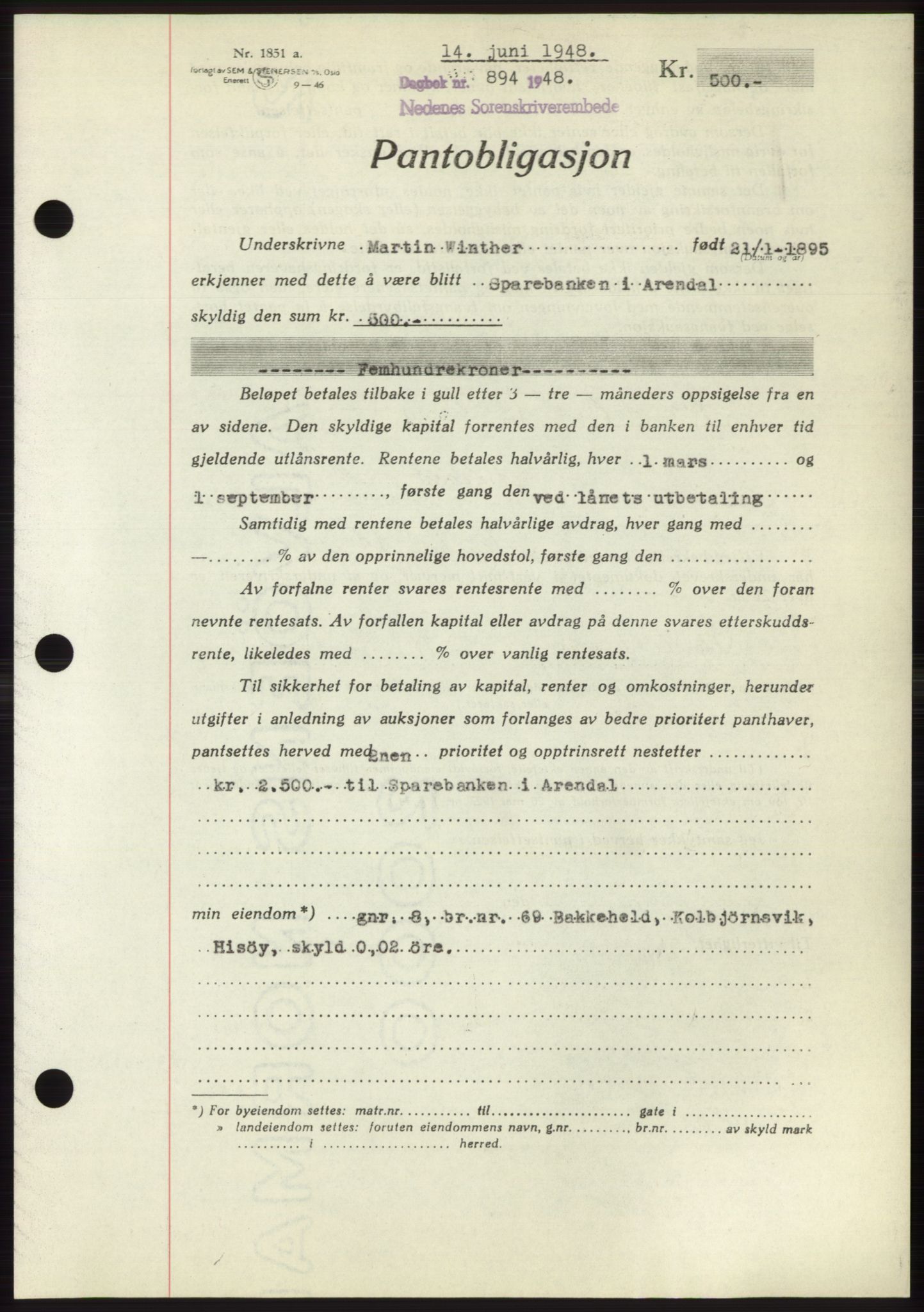 Nedenes sorenskriveri, AV/SAK-1221-0006/G/Gb/Gbb/L0005: Pantebok nr. B5, 1948-1948, Dagboknr: 894/1948