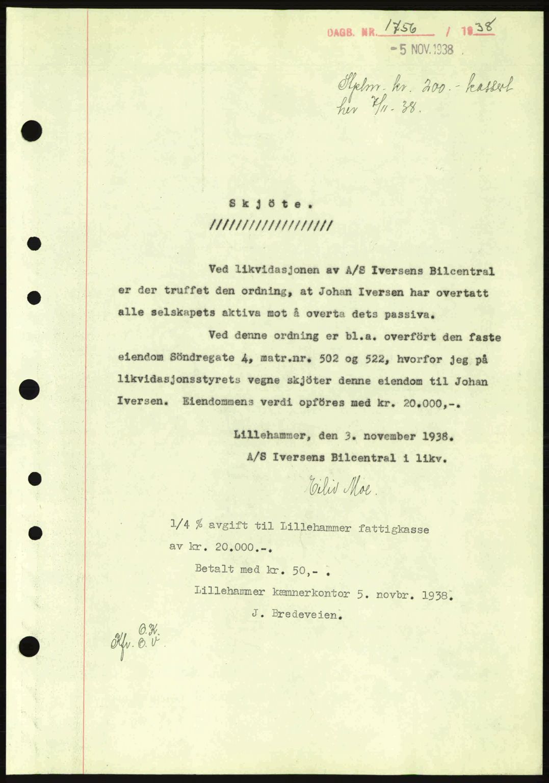 Sør-Gudbrandsdal tingrett, SAH/TING-004/H/Hb/Hbd/L0005: Pantebok nr. A5, 1938-1939, Dagboknr: 1756/1938