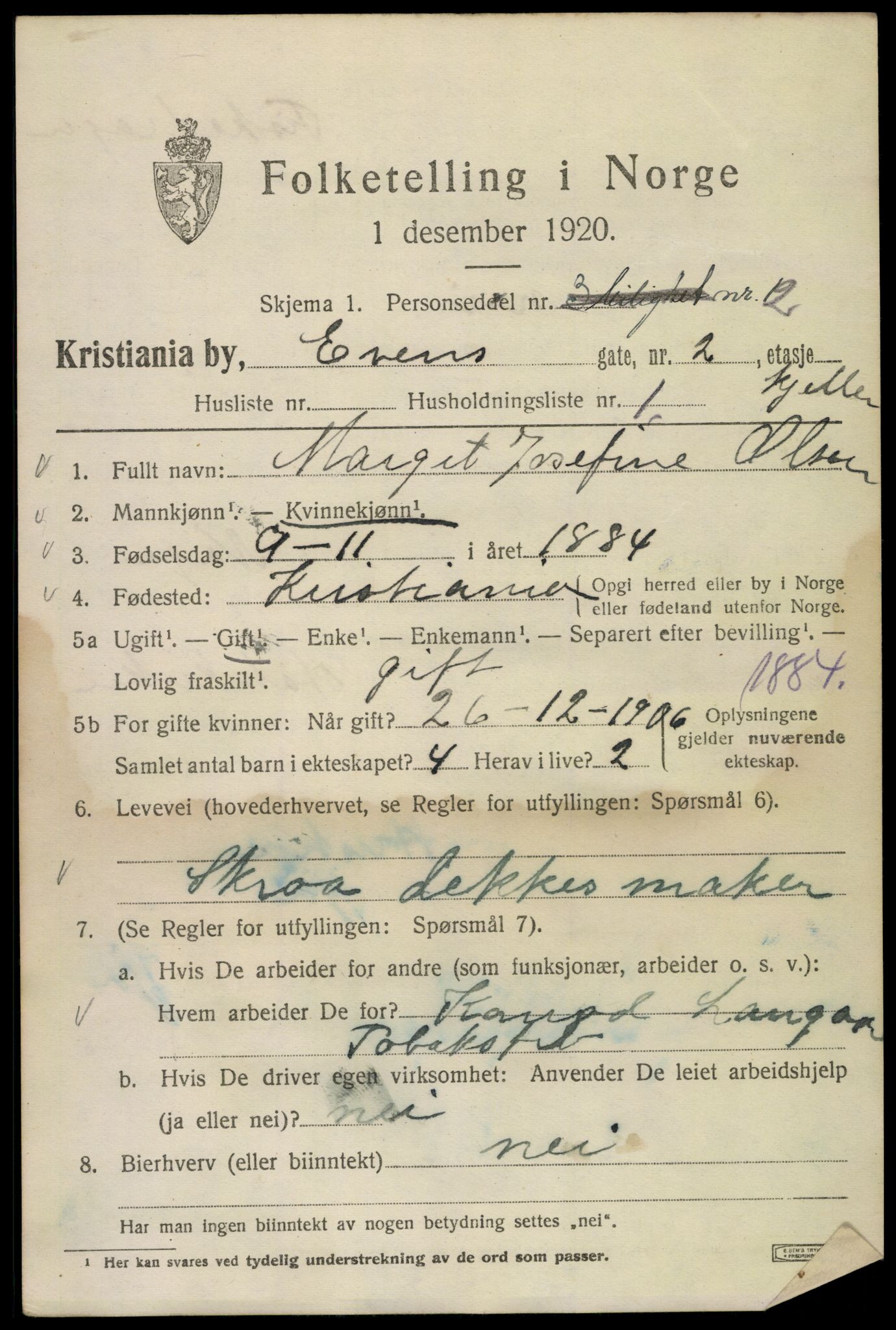 SAO, Folketelling 1920 for 0301 Kristiania kjøpstad, 1920, s. 224727
