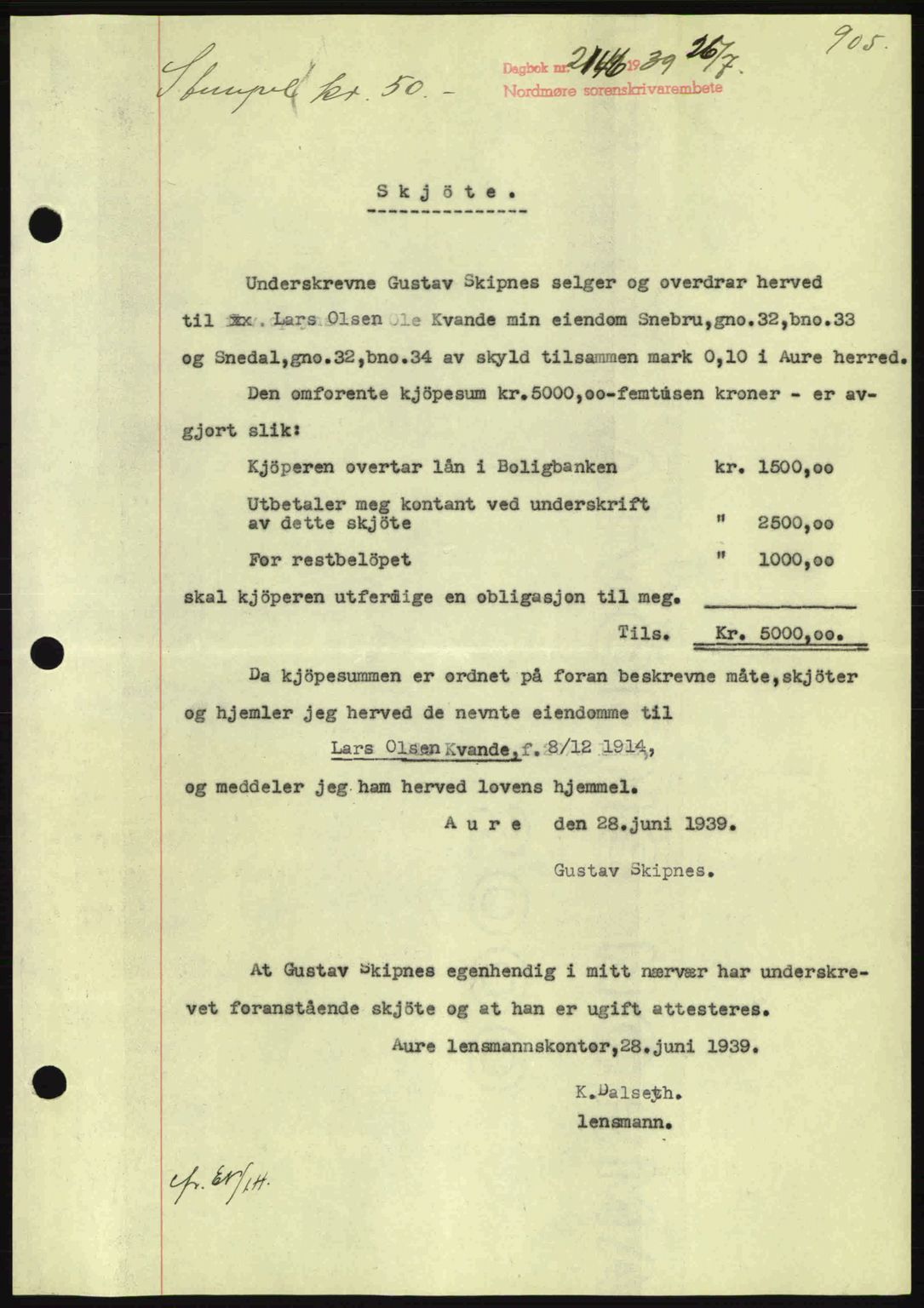 Nordmøre sorenskriveri, SAT/A-4132/1/2/2Ca: Pantebok nr. A86, 1939-1939, Dagboknr: 2146/1939