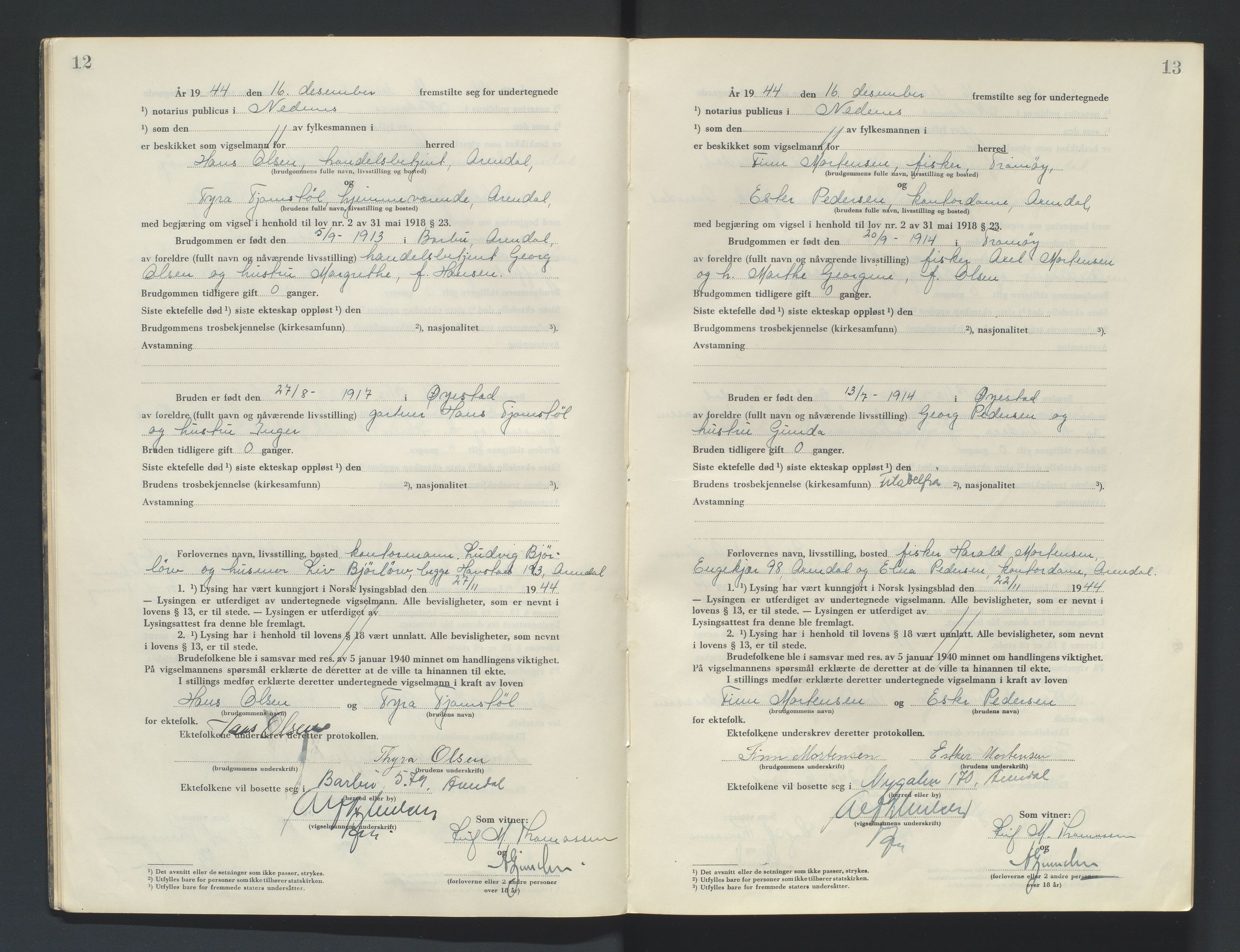 Nedenes sorenskriveri, SAK/1221-0006/L/Ld/L0002/0004: Vigselsbøker / Vigselbok, 1944-1948, s. 12-13