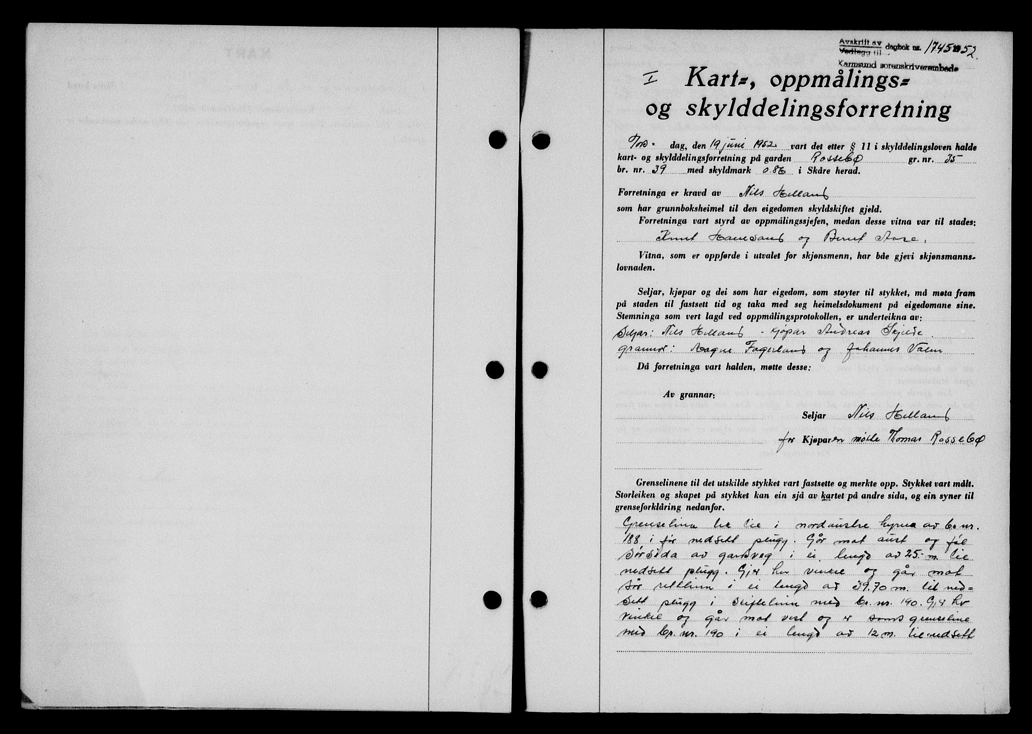 Karmsund sorenskriveri, SAST/A-100311/01/II/IIB/L0105: Pantebok nr. 85A, 1952-1952, Dagboknr: 1745/1952