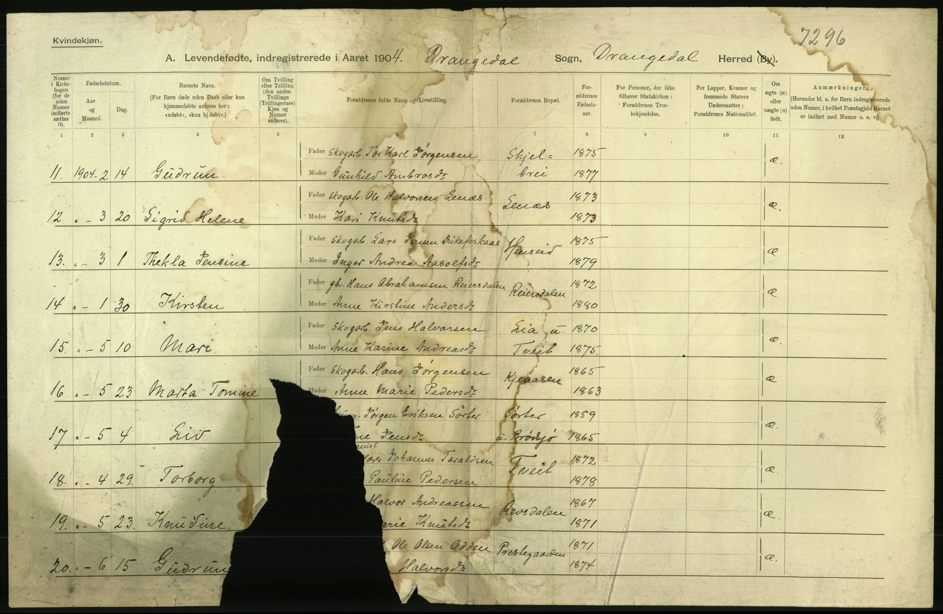 Statistisk sentralbyrå, Sosiodemografiske emner, Befolkning, AV/RA-S-2228/D/Df/Dfa/Dfab/L0009: Bratsberg amt: Fødte, gifte, døde, 1904, s. 4