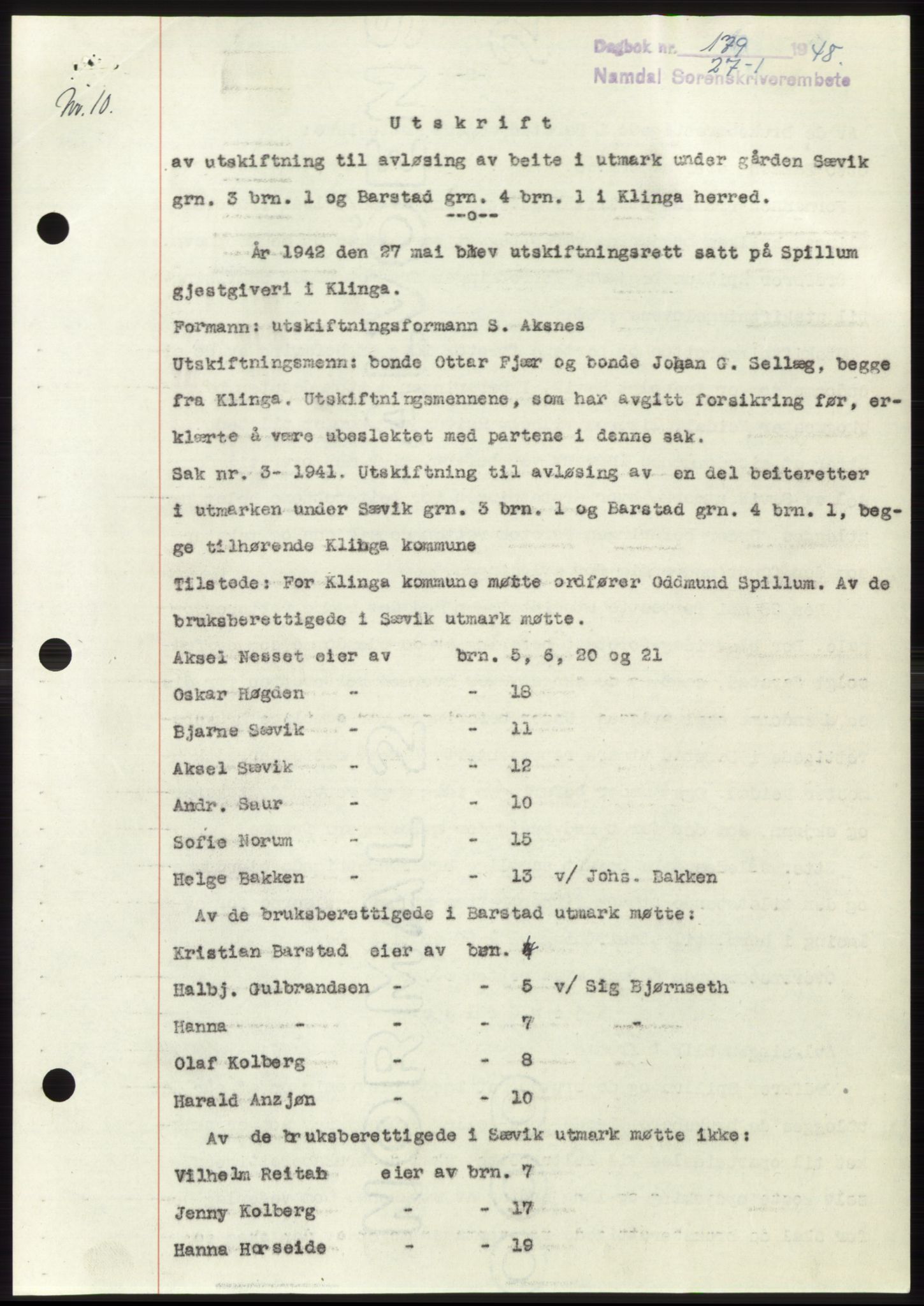 Namdal sorenskriveri, SAT/A-4133/1/2/2C: Pantebok nr. -, 1947-1948, Dagboknr: 179/1948