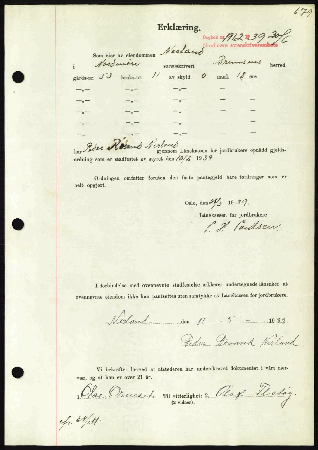 Nordmøre sorenskriveri, SAT/A-4132/1/2/2Ca: Pantebok nr. B85, 1939-1939, Dagboknr: 1912/1939