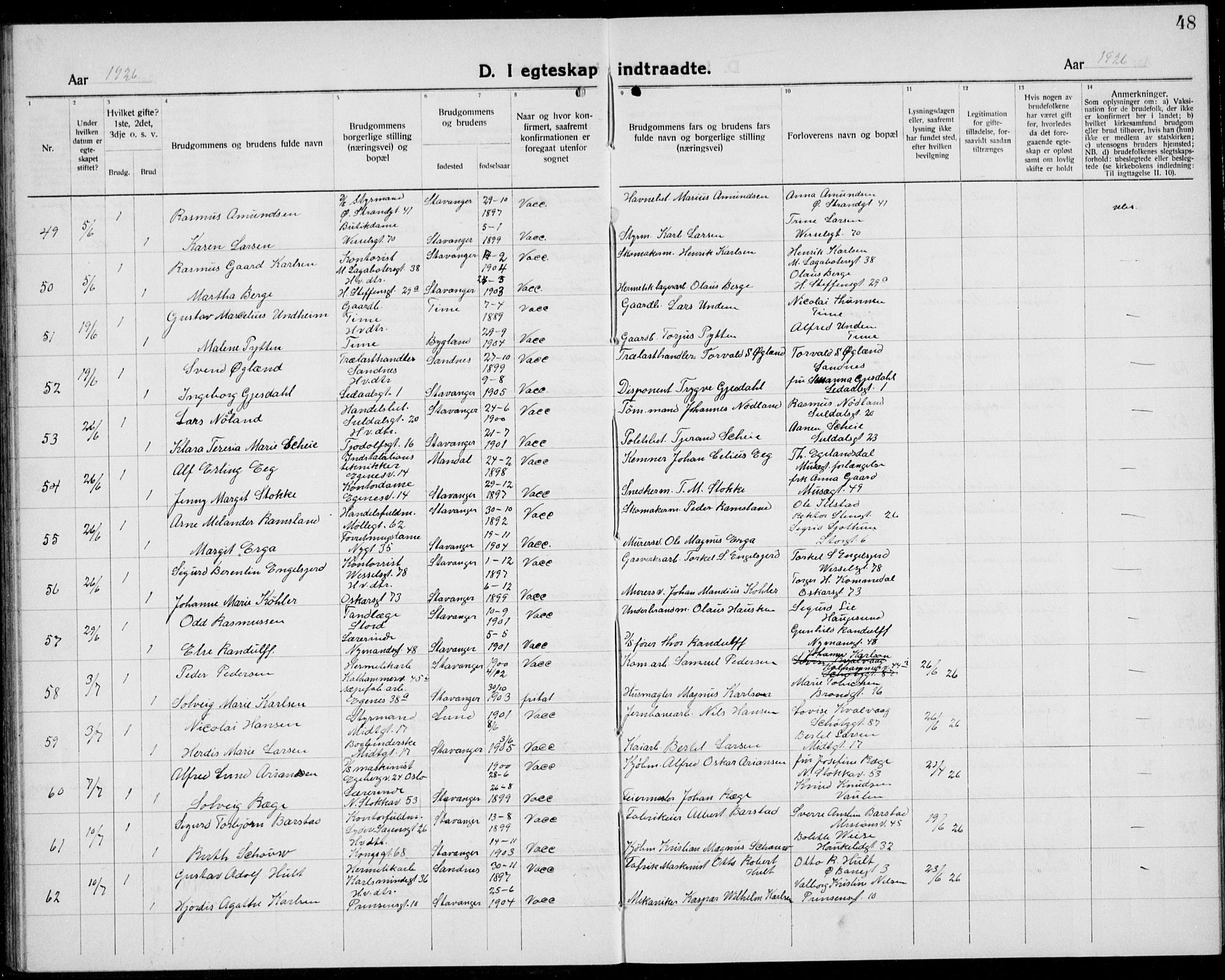 Domkirken sokneprestkontor, AV/SAST-A-101812/001/30/30BB/L0020: Klokkerbok nr. B 20, 1921-1937, s. 48