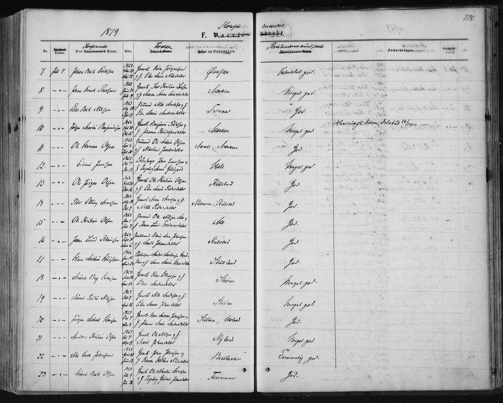 Ministerialprotokoller, klokkerbøker og fødselsregistre - Nordland, AV/SAT-A-1459/820/L0294: Ministerialbok nr. 820A15, 1866-1879, s. 378