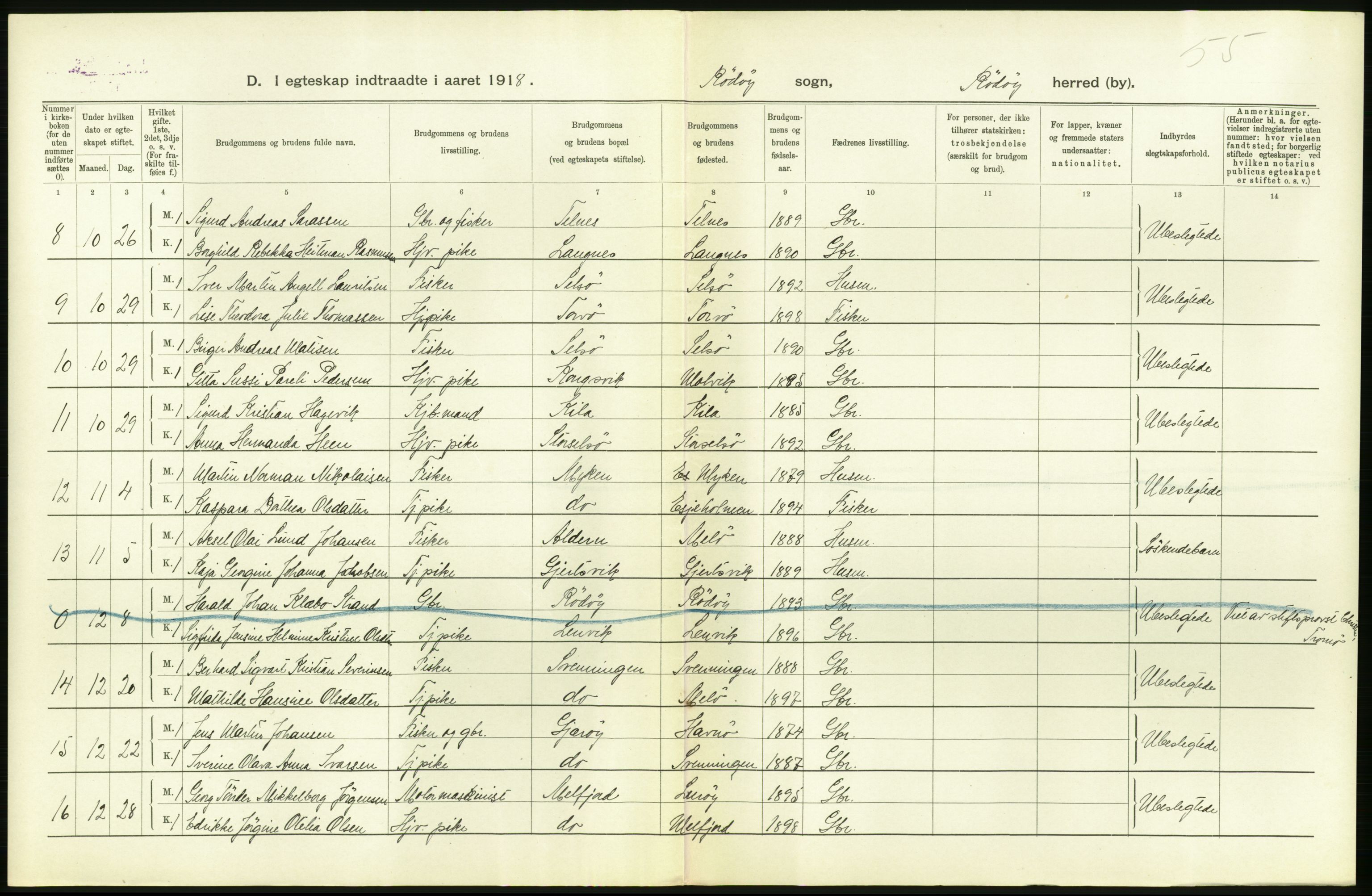 Statistisk sentralbyrå, Sosiodemografiske emner, Befolkning, RA/S-2228/D/Df/Dfb/Dfbh/L0054: Nordland fylke: Gifte, dødfødte. Bygder og byer., 1918, s. 108