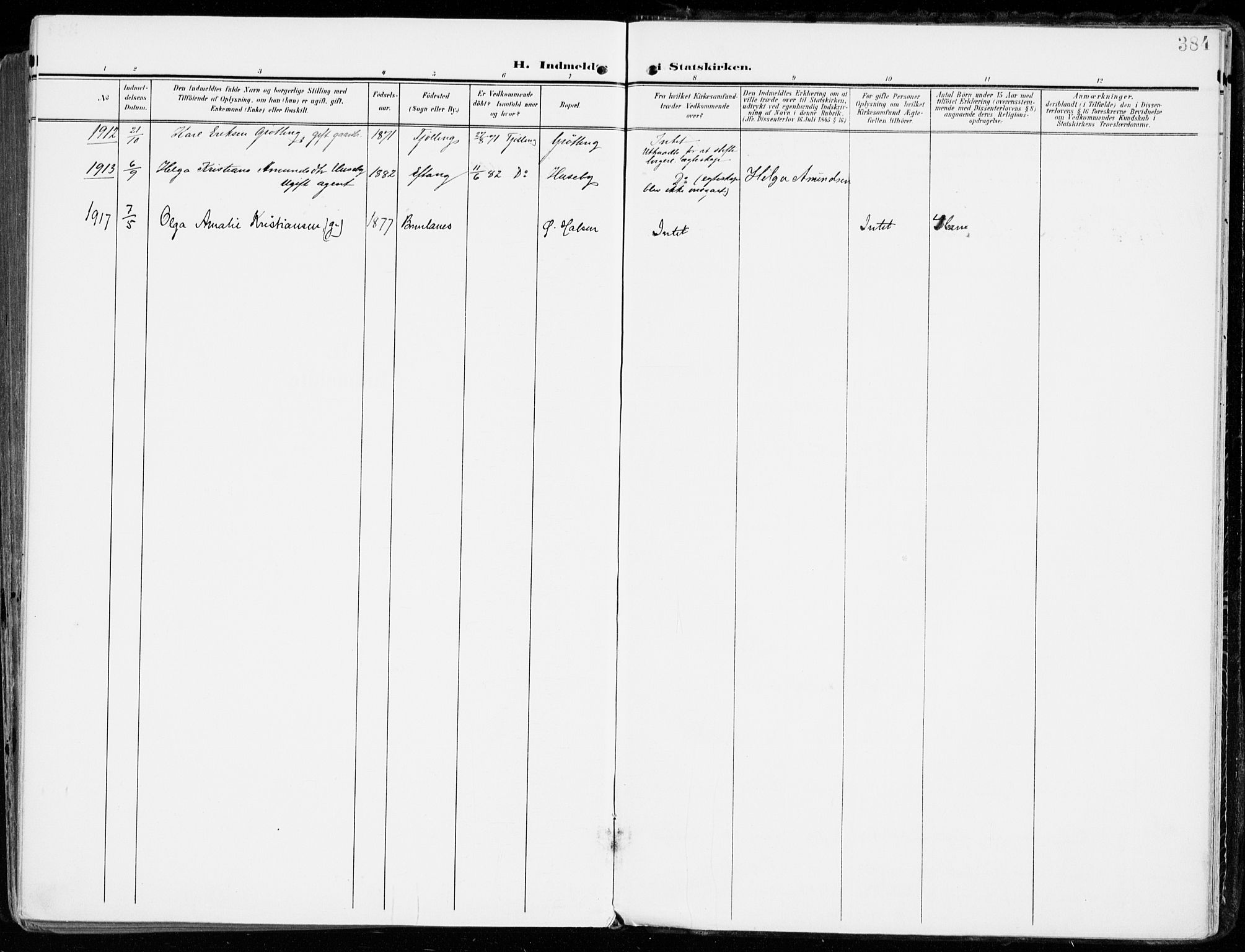 Tjølling kirkebøker, AV/SAKO-A-60/F/Fa/L0010: Ministerialbok nr. 10, 1906-1923, s. 384