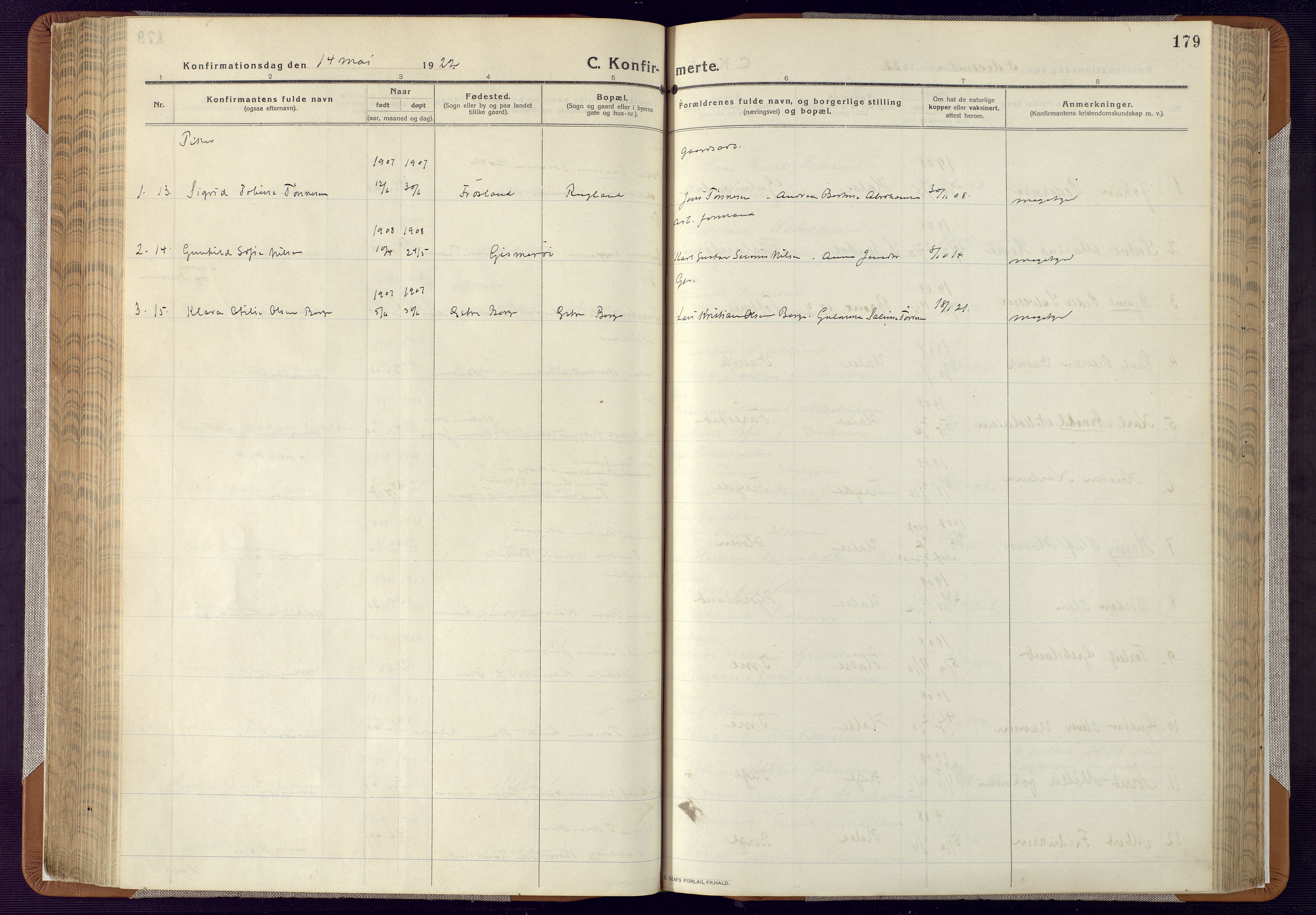 Mandal sokneprestkontor, SAK/1111-0030/F/Fa/Faa/L0022: Ministerialbok nr. A 22, 1913-1925, s. 179