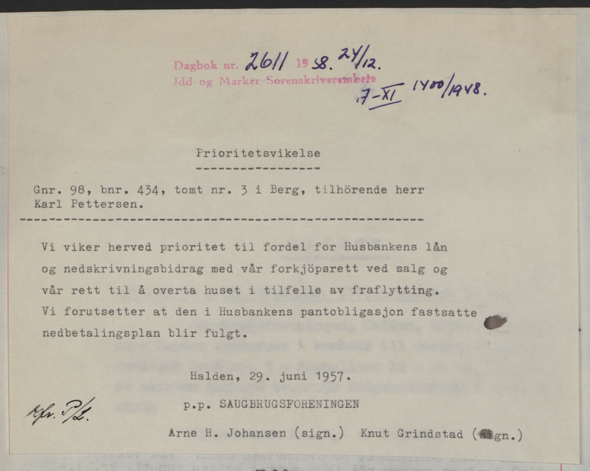 Idd og Marker sorenskriveri, SAO/A-10283/G/Gb/Gbb/L0011: Pantebok nr. A11, 1948-1949, Dagboknr: 2611/1958