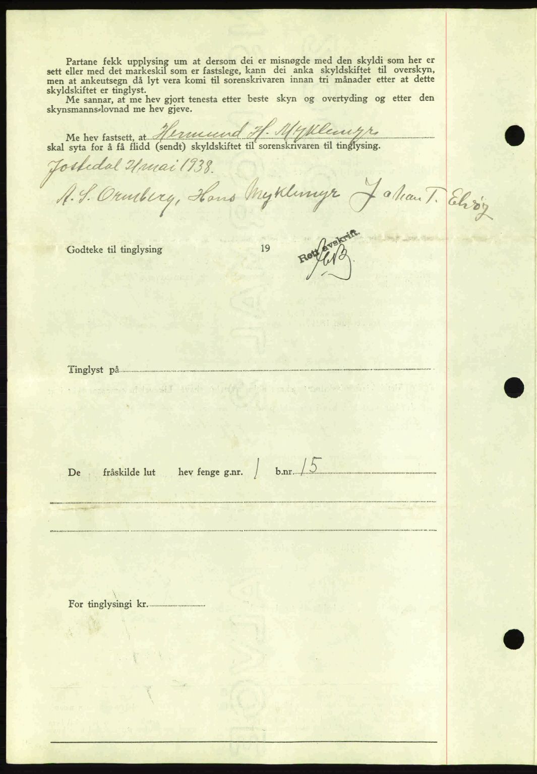 Indre Sogn tingrett, AV/SAB-A-3301/1/G/Gb/Gbb/L0001: Pantebok nr. A1, 1937-1938, Dagboknr: 460/1938