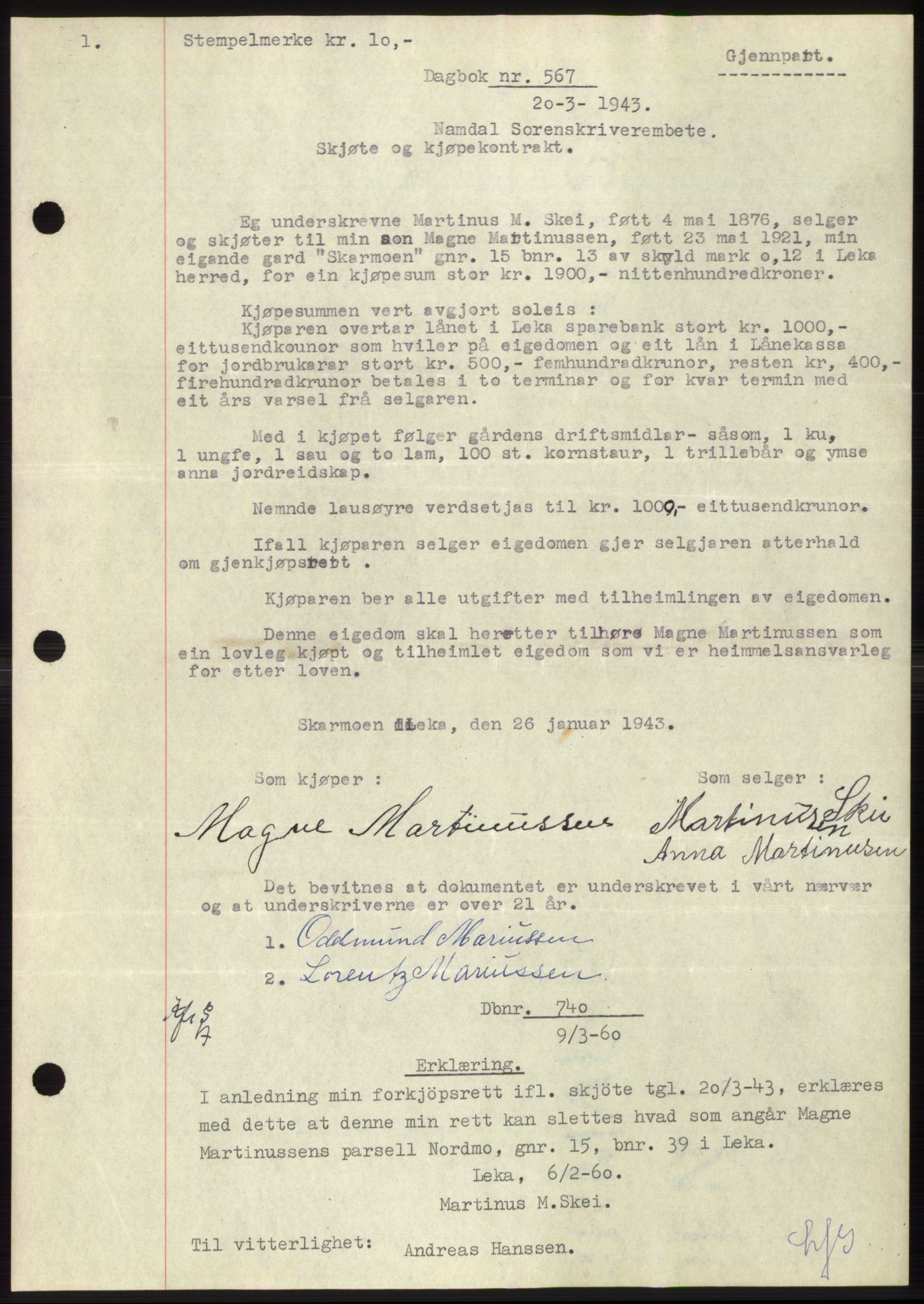 Namdal sorenskriveri, SAT/A-4133/1/2/2C: Pantebok nr. -, 1942-1943, Dagboknr: 567/1943