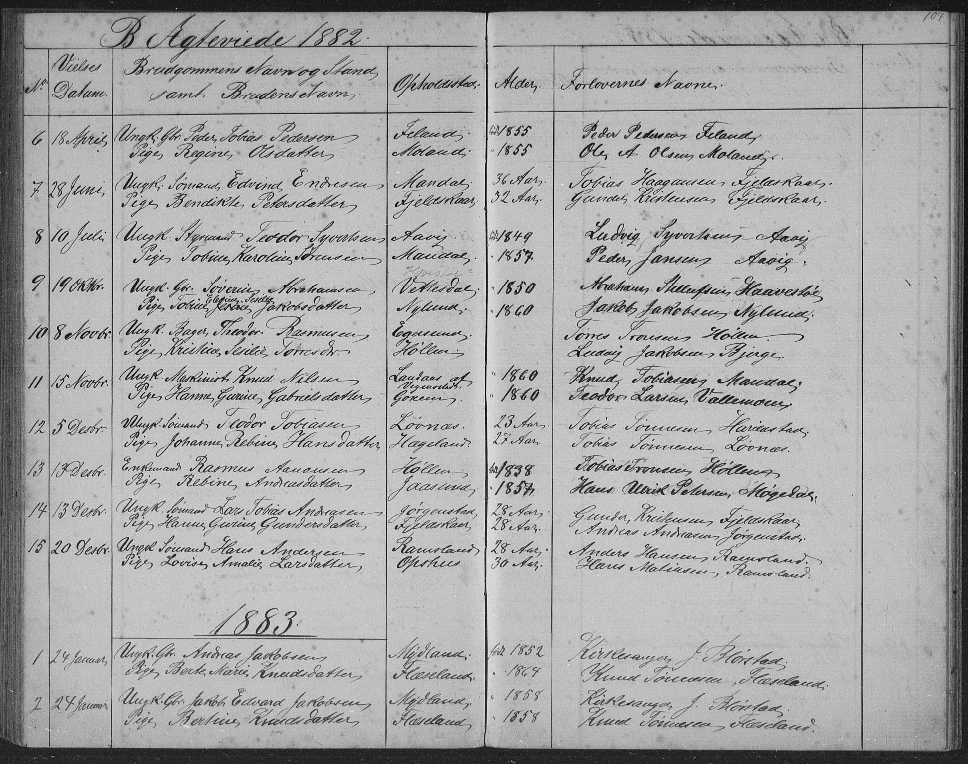 Sør-Audnedal sokneprestkontor, AV/SAK-1111-0039/F/Fb/Fba/L0003: Klokkerbok nr. B 3, 1879-1893, s. 104