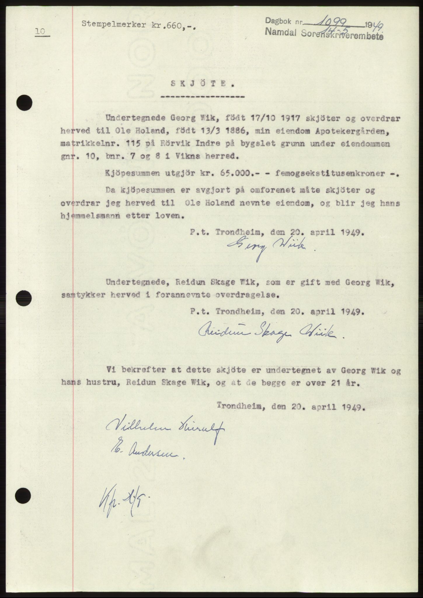 Namdal sorenskriveri, SAT/A-4133/1/2/2C: Pantebok nr. -, 1949-1949, Dagboknr: 1099/1949