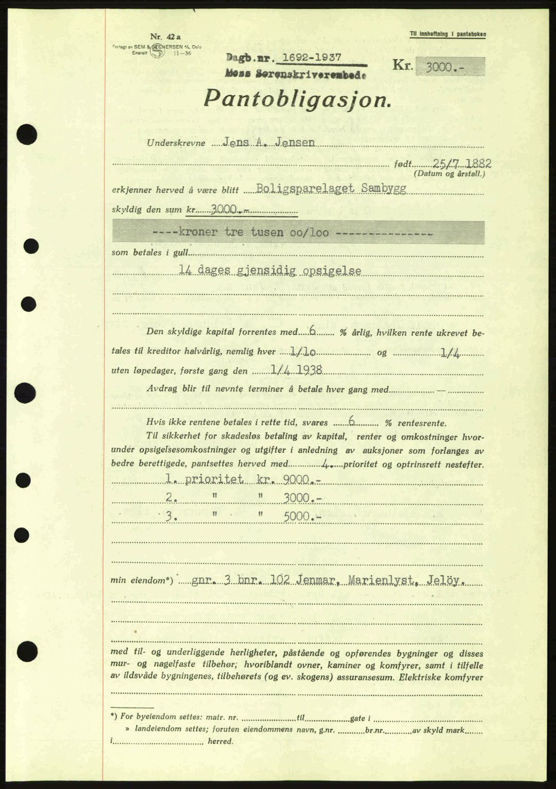 Moss sorenskriveri, SAO/A-10168: Pantebok nr. B4, 1937-1938, Dagboknr: 1692/1937