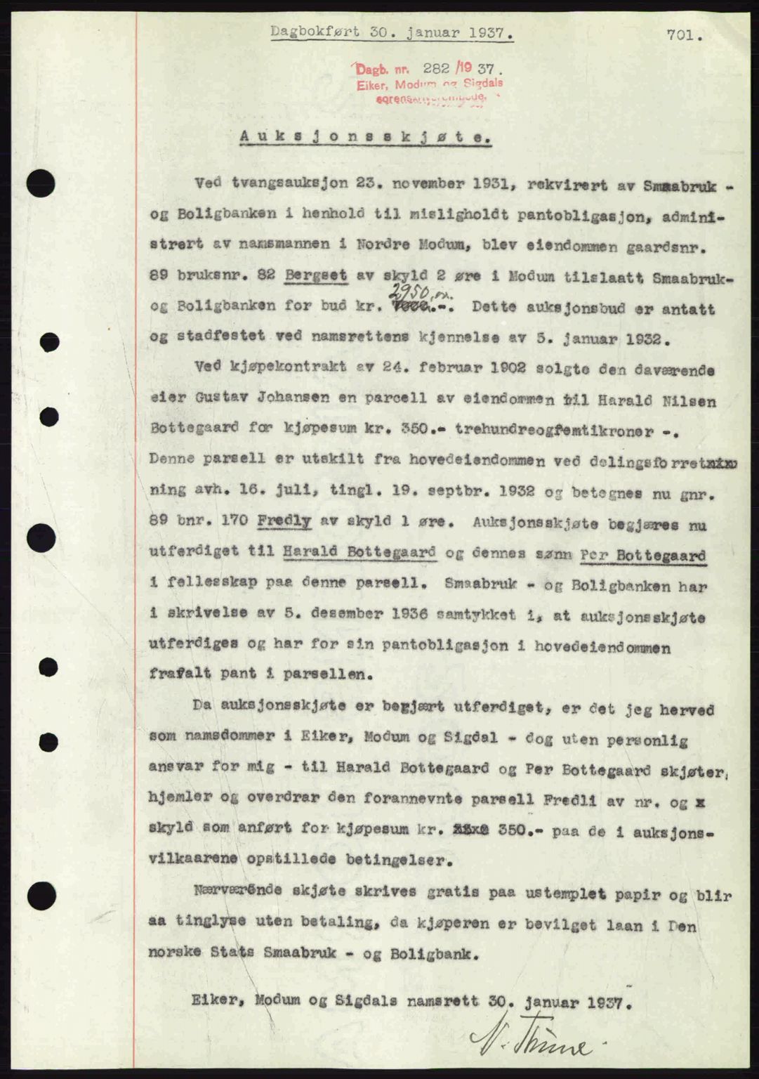 Eiker, Modum og Sigdal sorenskriveri, SAKO/A-123/G/Ga/Gab/L0034: Pantebok nr. A4, 1936-1937, Dagboknr: 282/1937