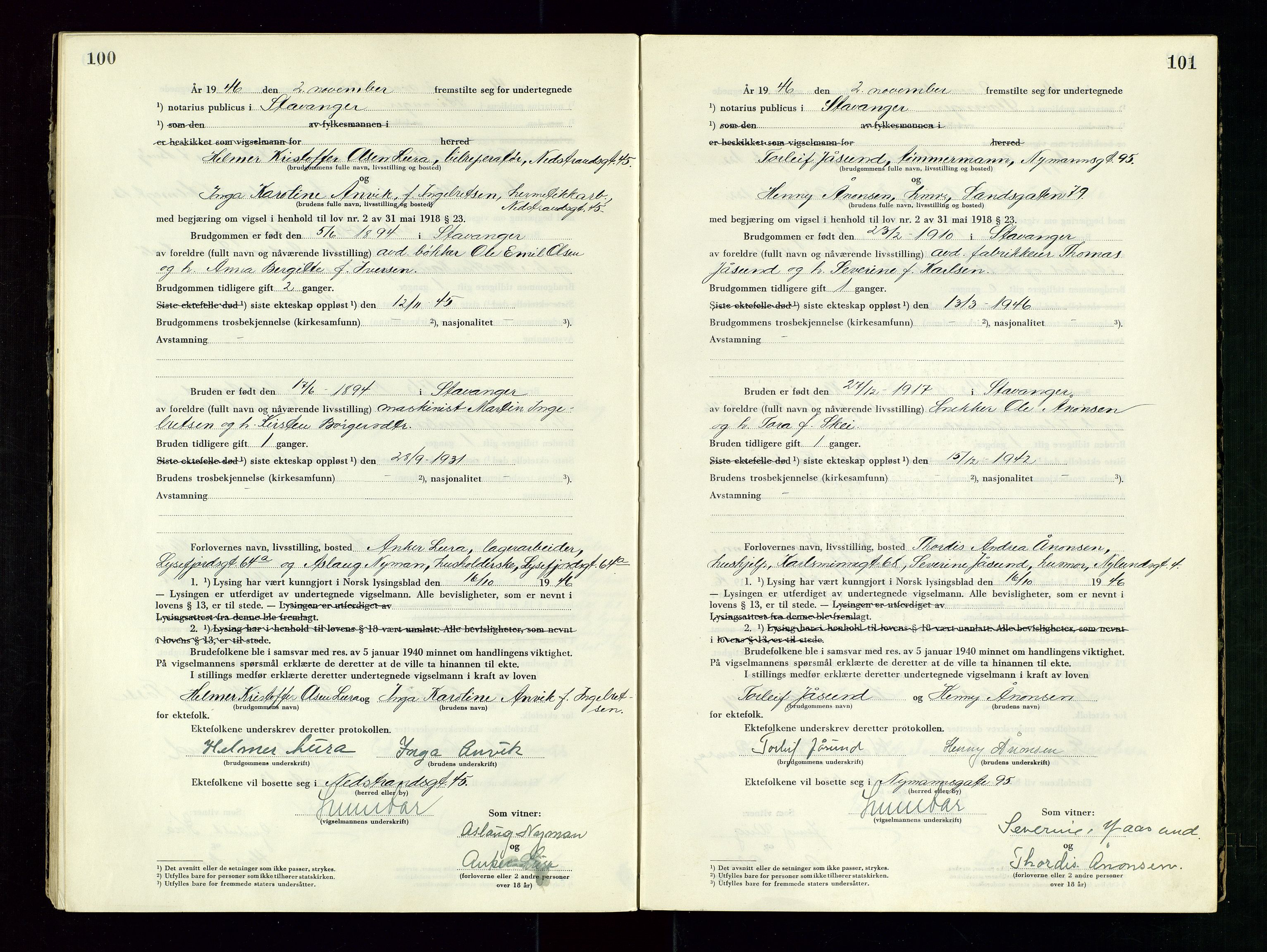 Stavanger byrett, AV/SAST-A-100455/001/6/62/62B/L0011: Vigselsprotokoll, 1946-1947, s. 100-101