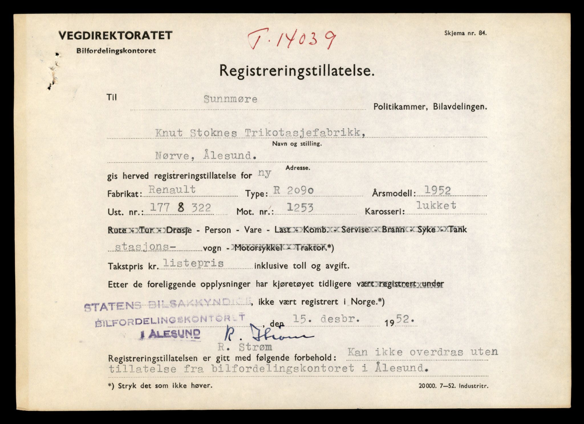 Møre og Romsdal vegkontor - Ålesund trafikkstasjon, AV/SAT-A-4099/F/Fe/L0042: Registreringskort for kjøretøy T 13906 - T 14079, 1927-1998, s. 2169