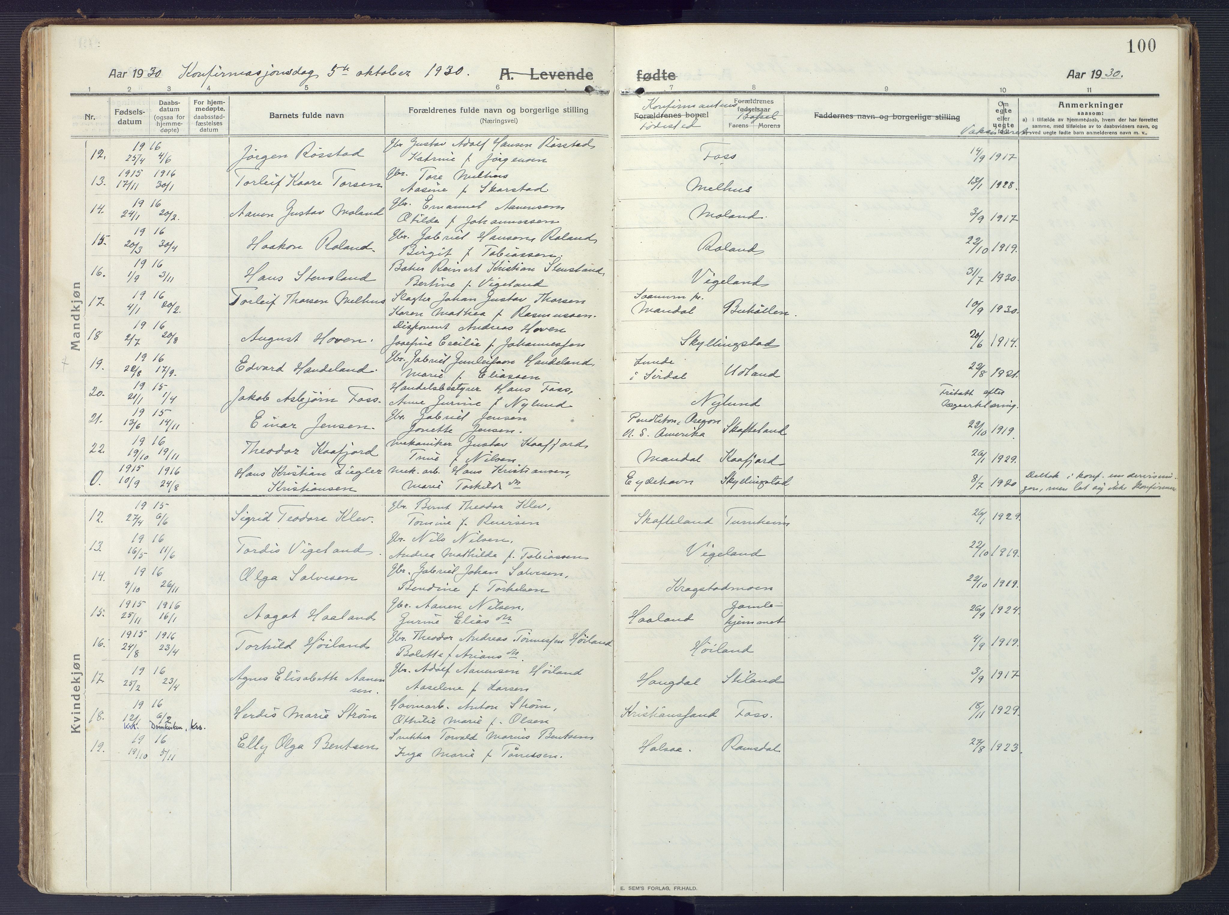 Sør-Audnedal sokneprestkontor, AV/SAK-1111-0039/F/Fa/Fab/L0011: Ministerialbok nr. A 11, 1912-1938, s. 100