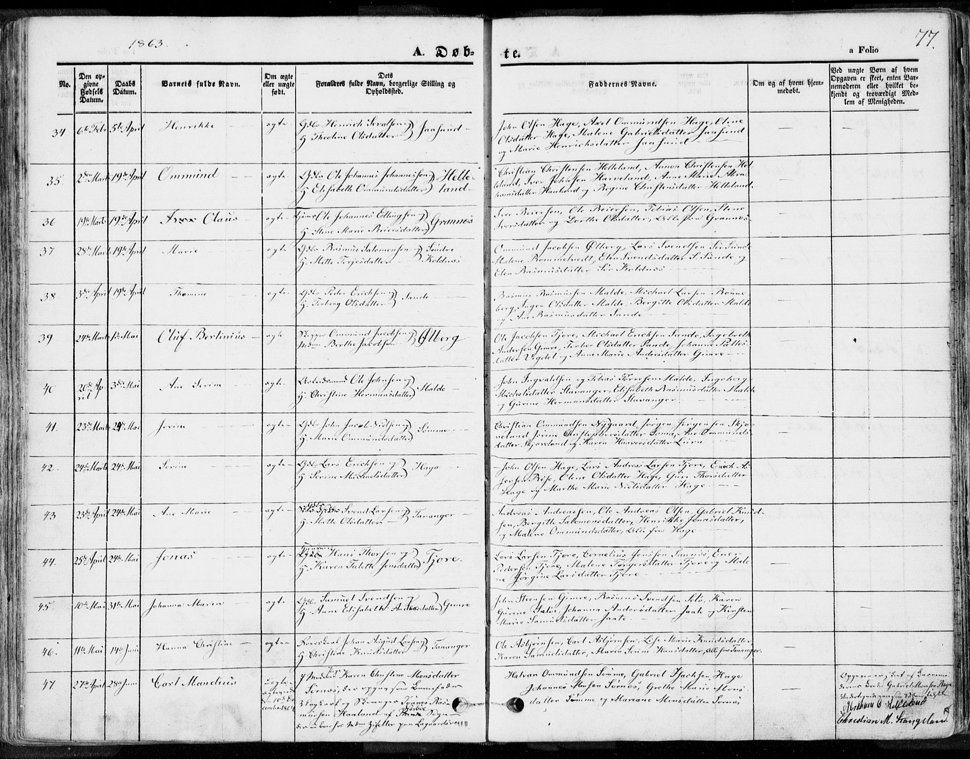 Håland sokneprestkontor, AV/SAST-A-101802/001/30BA/L0007: Ministerialbok nr. A 7.1, 1854-1870, s. 77