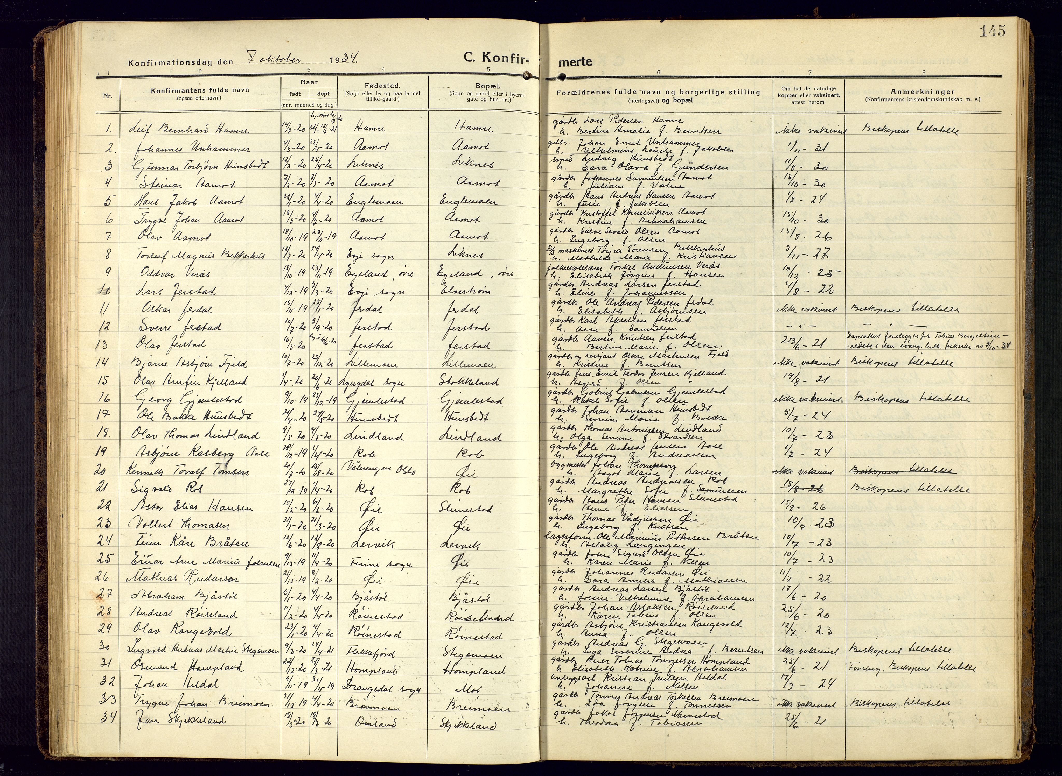 Kvinesdal sokneprestkontor, SAK/1111-0026/F/Fb/Fbb/L0004: Klokkerbok nr. B 4, 1917-1938, s. 145