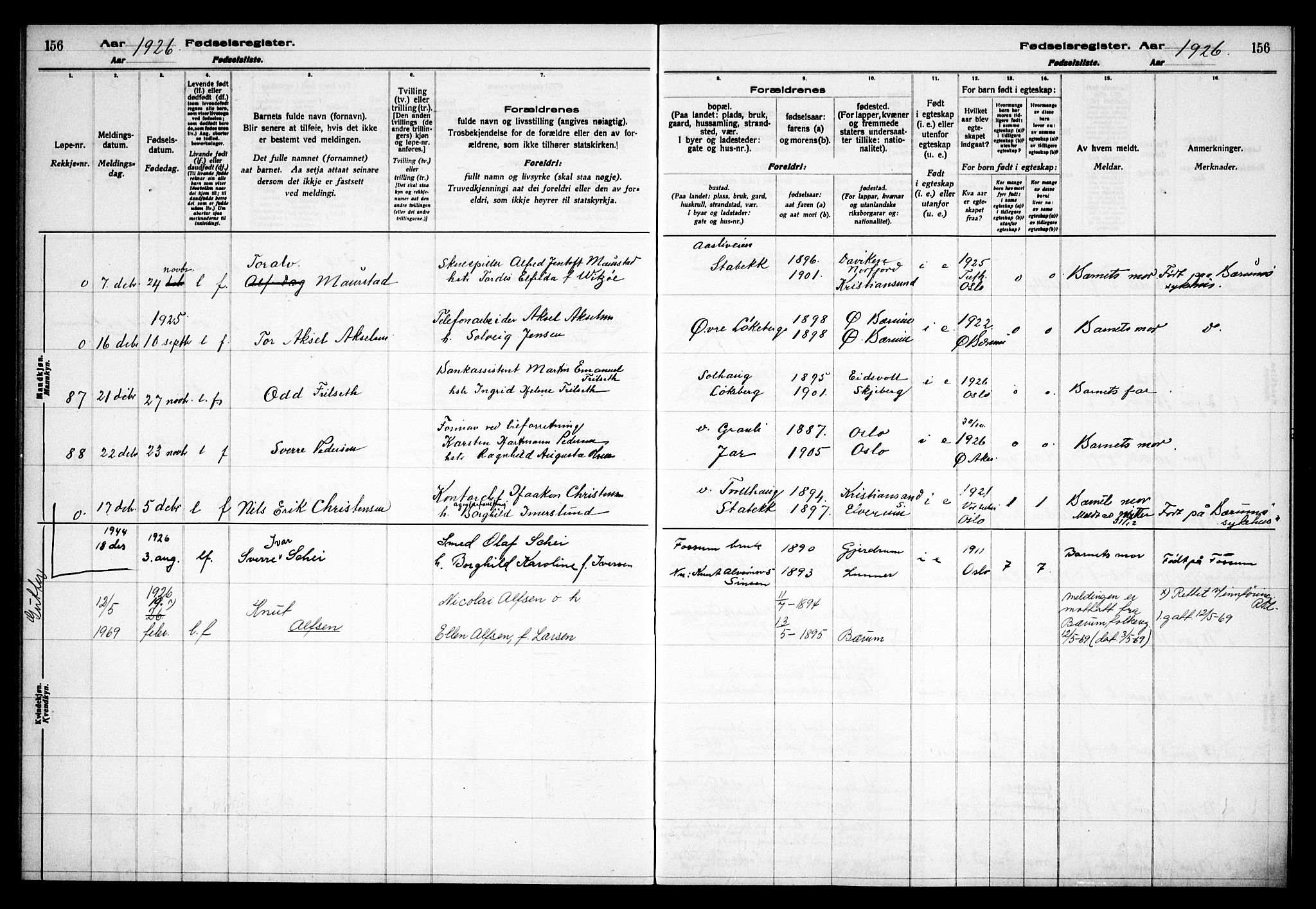 Østre Bærum prestekontor Kirkebøker, AV/SAO-A-10887/J/Ja/L0002: Fødselsregister nr. 2, 1922-1928, s. 156