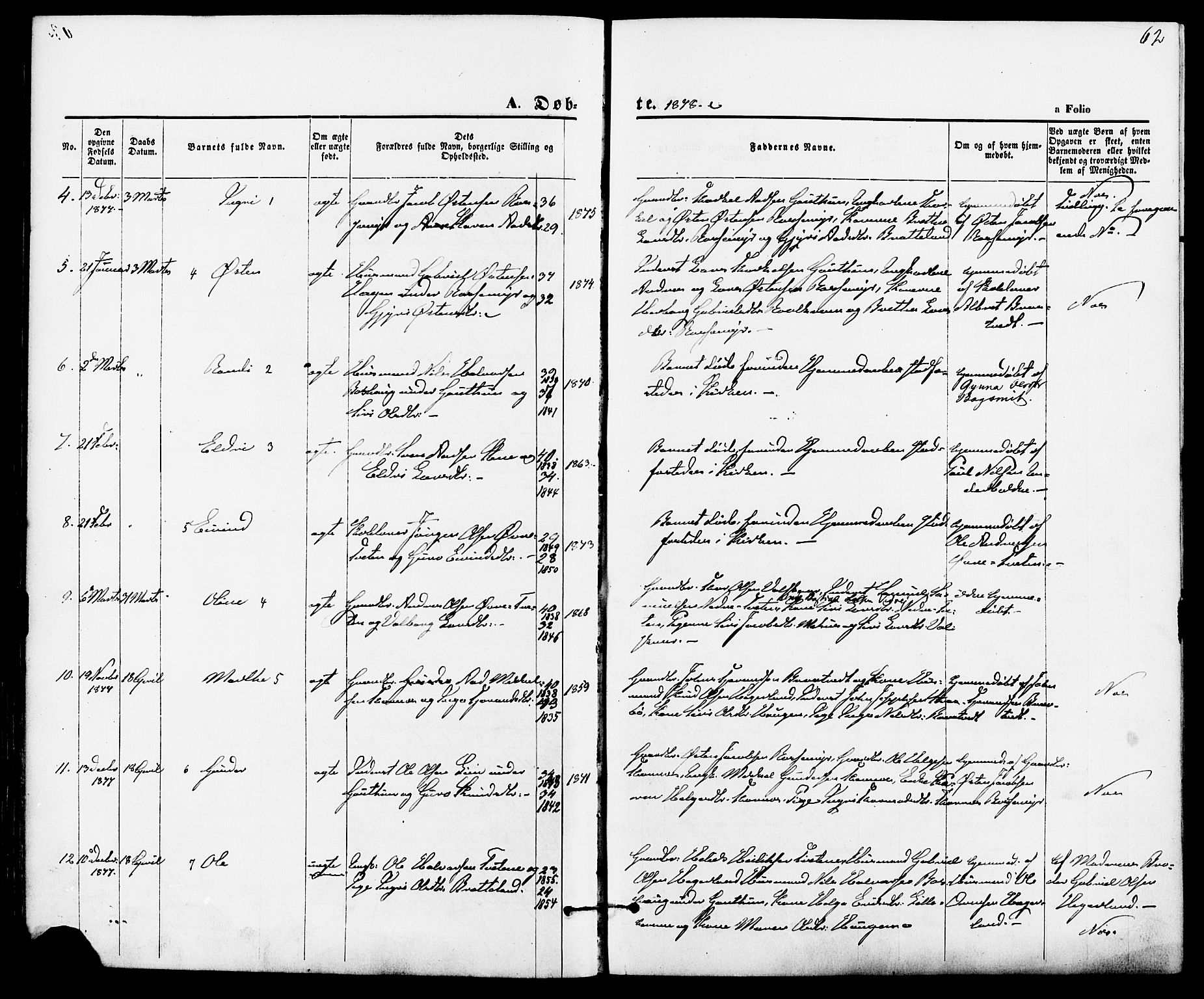 Suldal sokneprestkontor, AV/SAST-A-101845/01/IV/L0010: Ministerialbok nr. A 10, 1869-1878, s. 62