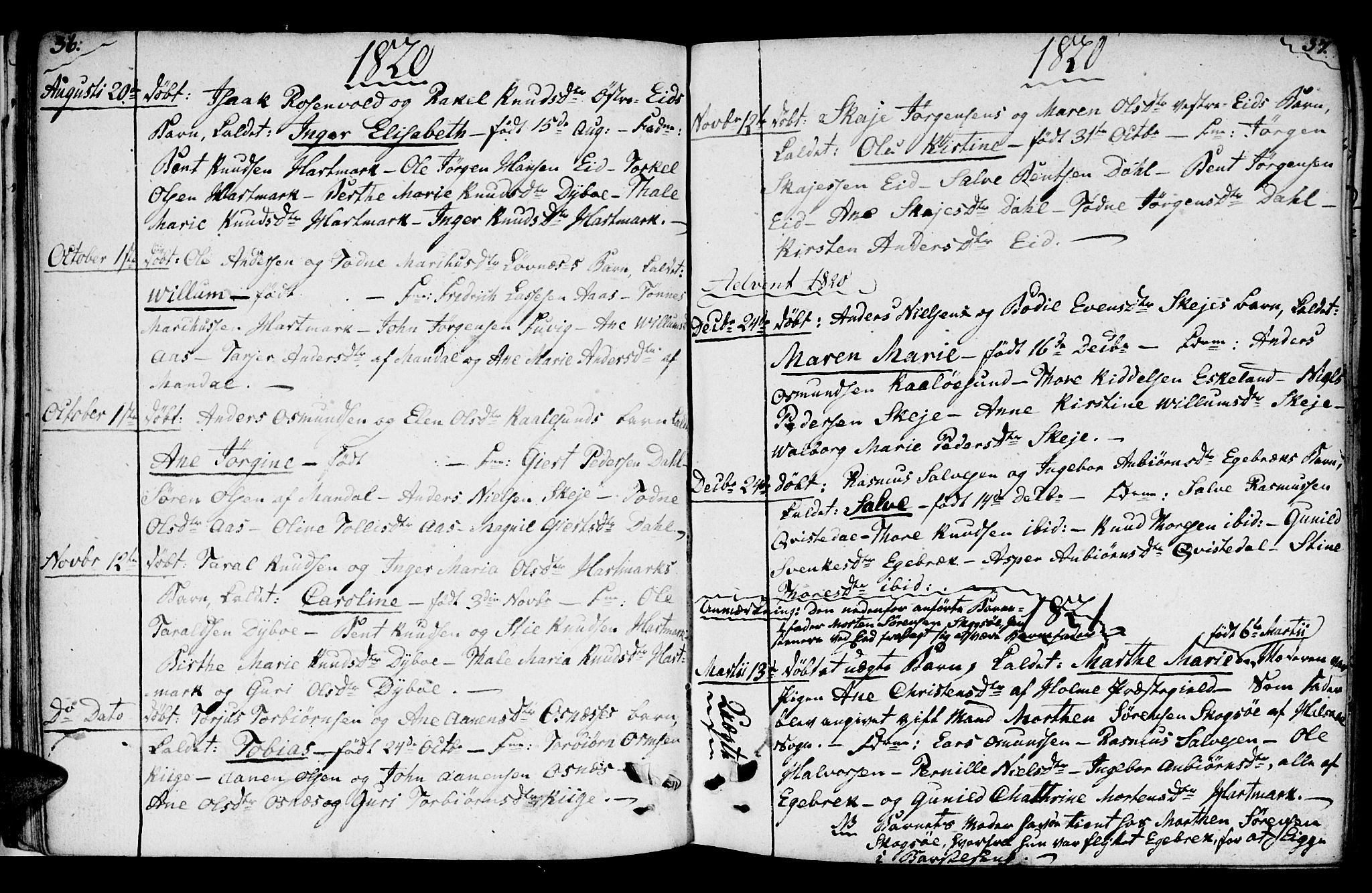 Mandal sokneprestkontor, SAK/1111-0030/F/Fb/Fbb/L0001: Klokkerbok nr. B 1, 1802-1846, s. 36-37