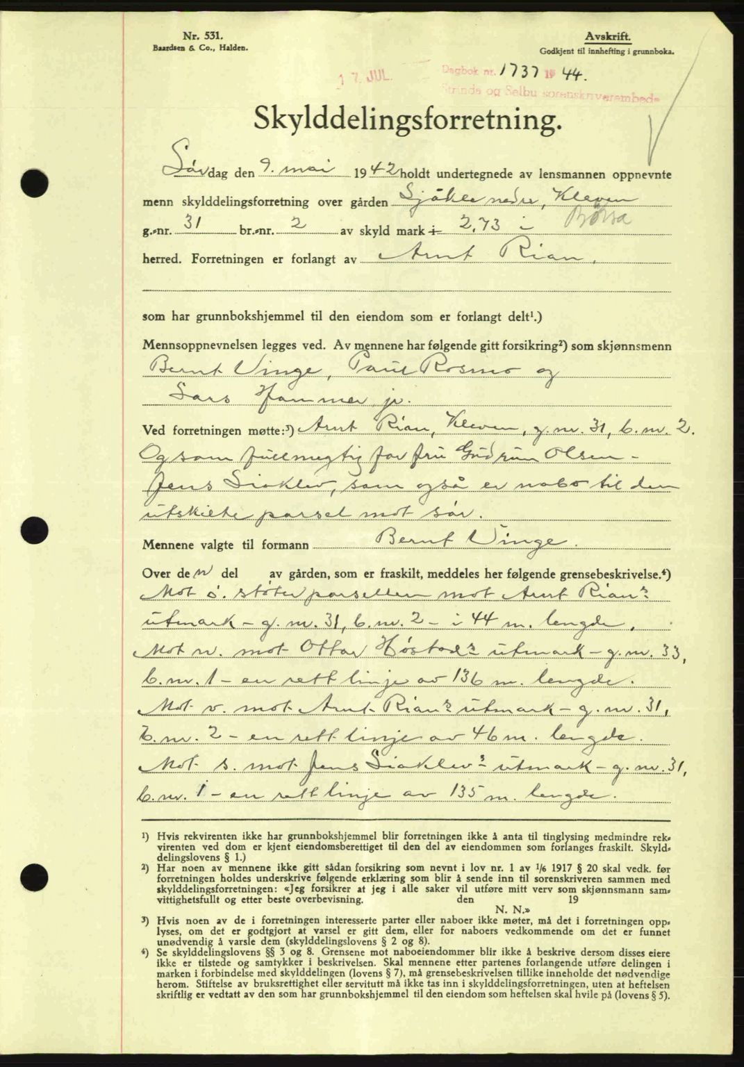 Strinda og Selbu sorenskriveri, SAT/A-0015/2/2C: Pantebok nr. A9, 1944-1945, Dagboknr: 1737/1944