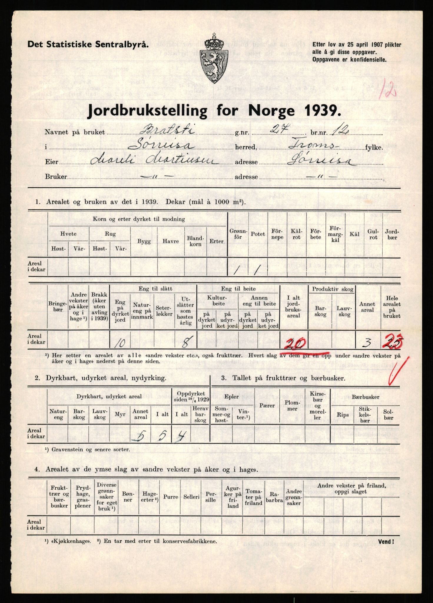 Statistisk sentralbyrå, Næringsøkonomiske emner, Jordbruk, skogbruk, jakt, fiske og fangst, AV/RA-S-2234/G/Gb/L0341: Troms: Sørreisa og Tranøy, 1939, s. 145