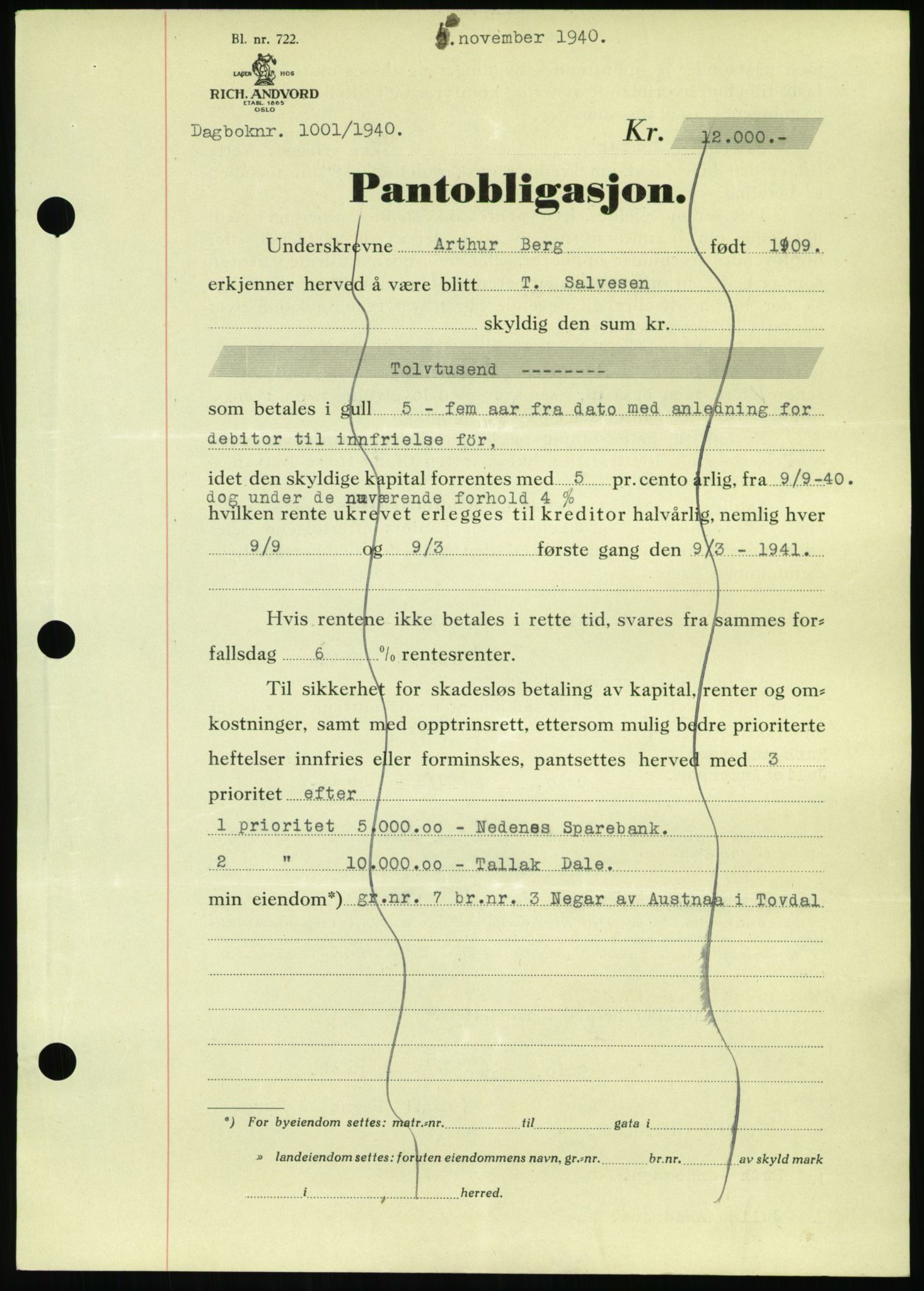 Nedenes sorenskriveri, SAK/1221-0006/G/Gb/Gbb/L0001: Pantebok nr. I, 1939-1942, Dagboknr: 1001/1940