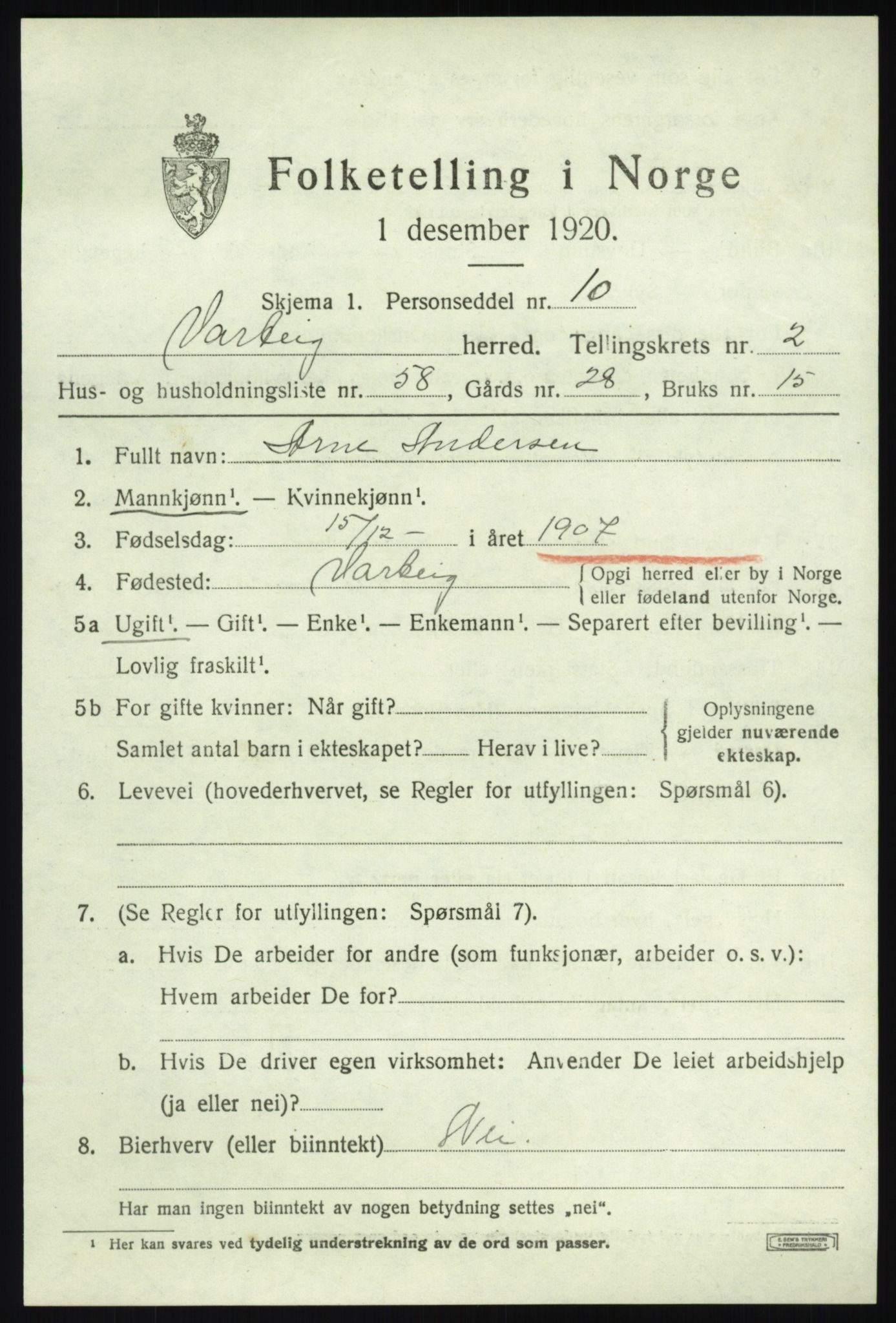 SAO, Folketelling 1920 for 0114 Varteig herred, 1920, s. 1813