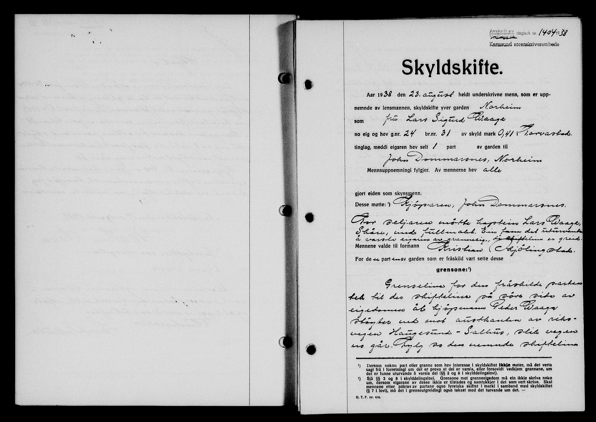 Karmsund sorenskriveri, SAST/A-100311/01/II/IIB/L0070: Pantebok nr. 51A, 1938-1939, Dagboknr: 1404/1938