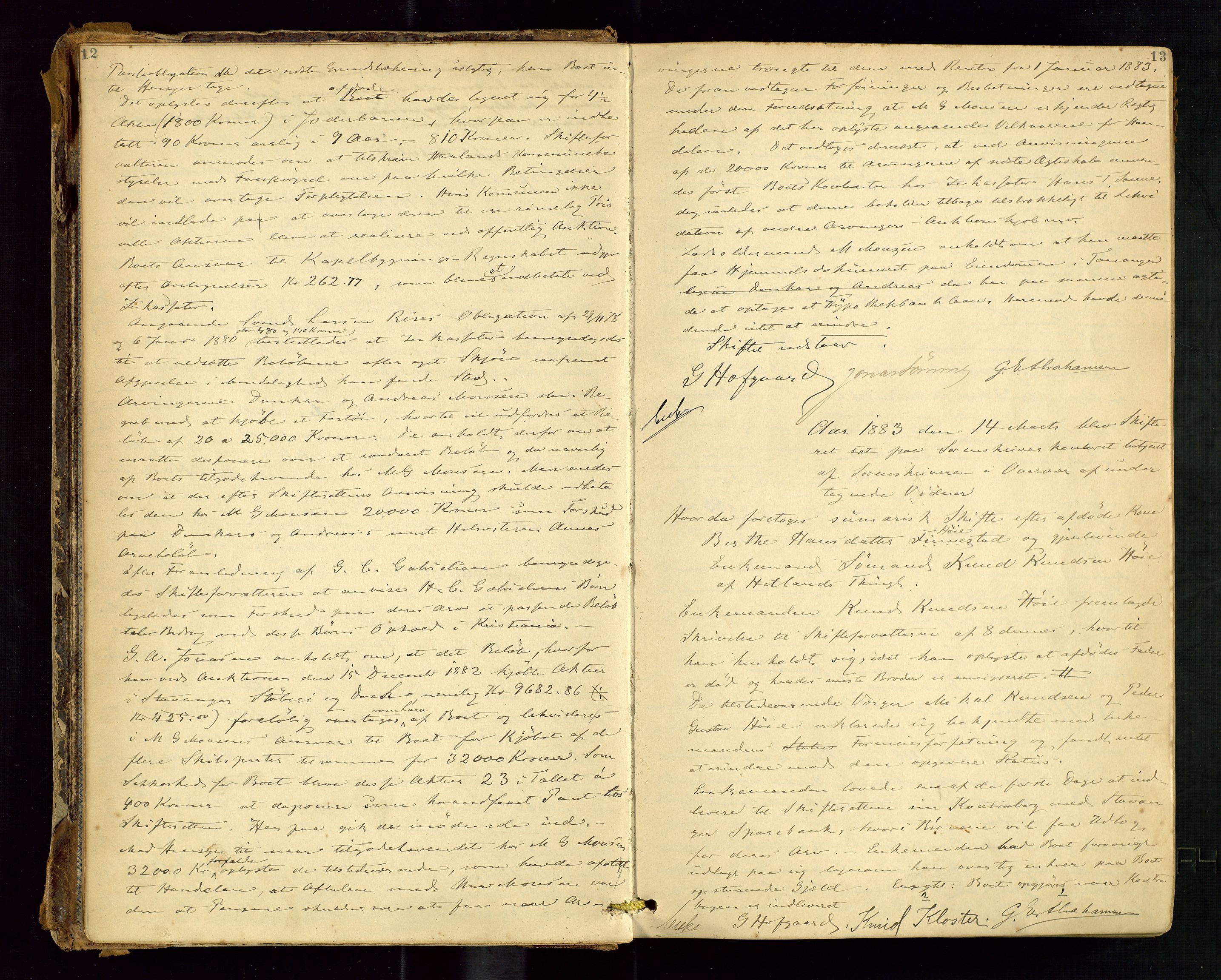 Jæren sorenskriveri, AV/SAST-A-100310/01/5/50/50BA/L0003: SKIFTEFORHANDLINGSPROTOKOLL, 1882-1890, s. 12-13